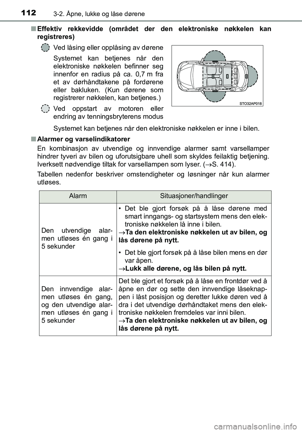 TOYOTA YARIS HATCHBACK 2016 Instruksjoner for bruk (in Norwegian) 1123-2. Åpne, lukke og låse dørene
OM52G04NOn
Effektiv rekkevidde (området der den elektroniske nøkkelen kan
registreres)
Systemet kan betjenes når den elektroniske nøkkelen er inne i bilen.
n TOYOTA YARIS HATCHBACK 2016 Instruksjoner for bruk (in Norwegian) 1123-2. Åpne, lukke og låse dørene
OM52G04NOn
Effektiv rekkevidde (området der den elektroniske nøkkelen kan
registreres)
Systemet kan betjenes når den elektroniske nøkkelen er inne i bilen.
n