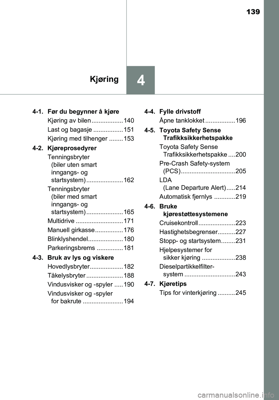 TOYOTA YARIS HATCHBACK 2015 Instruksjoner for bruk (in Norwegian) 139
4Kjøring
OM52G04NO4-1. Før du begynner å kjøre
Kjøring av bilen .................. 140
Last og bagasje ................. 151
Kjøring med tilhenger ........ 153
4-2. Kjøreprosedyrer Tennings TOYOTA YARIS HATCHBACK 2015 Instruksjoner for bruk (in Norwegian) 139
4Kjøring
OM52G04NO4-1. Før du begynner å kjøre
Kjøring av bilen .................. 140
Last og bagasje ................. 151
Kjøring med tilhenger ........ 153
4-2. Kjøreprosedyrer Tennings