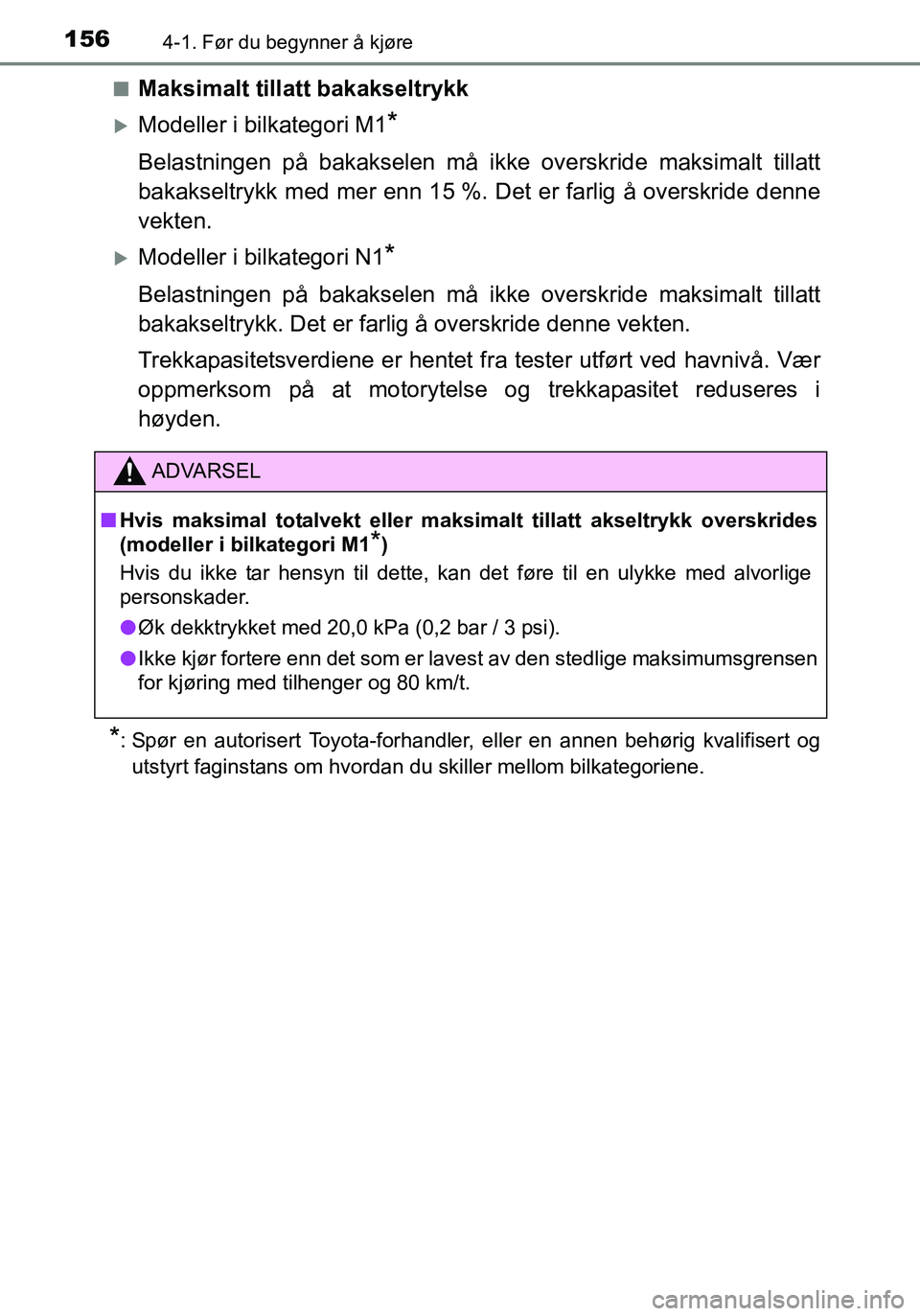 TOYOTA YARIS HATCHBACK 2016 Instruksjoner for bruk (in Norwegian) 1564-1. Før du begynner å kjøre
OM52G04NOn
Maksimalt tillatt bakakseltrykk
Modeller i bilkategori M1*
Belastningen på bakaks
elen må ikke overskride maksimalt tillatt
bakakseltrykk med mer enn TOYOTA YARIS HATCHBACK 2016 Instruksjoner for bruk (in Norwegian) 1564-1. Før du begynner å kjøre
OM52G04NOn
Maksimalt tillatt bakakseltrykk
Modeller i bilkategori M1*
Belastningen på bakaks
elen må ikke overskride maksimalt tillatt
bakakseltrykk med mer enn