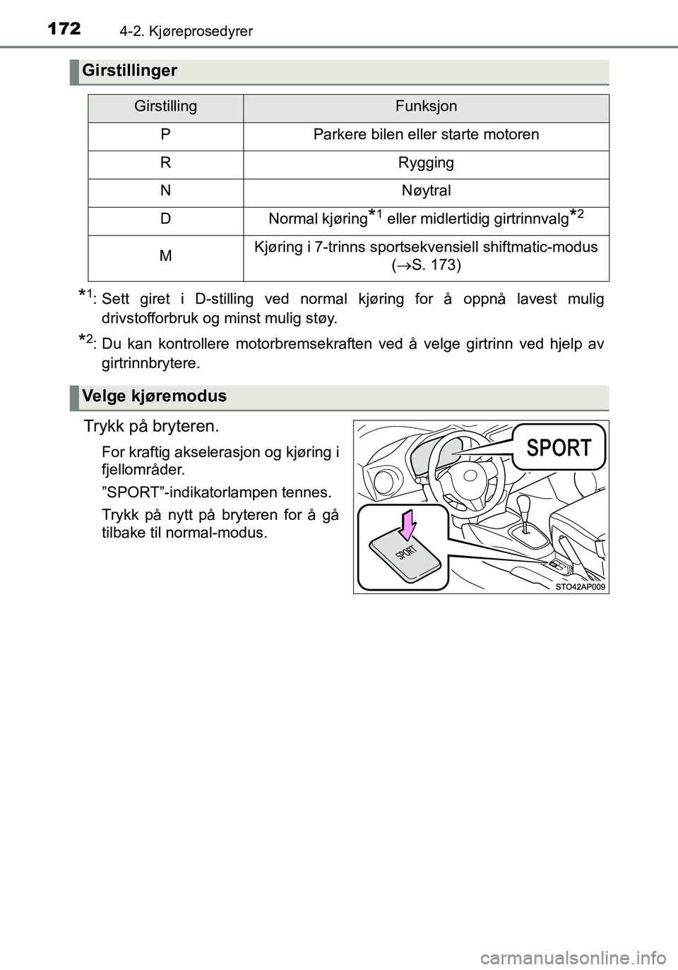 TOYOTA YARIS HATCHBACK 2016 Instruksjoner for bruk (in Norwegian) 1724-2. Kjøreprosedyrer
OM52G04NO
*1: Sett giret i D-stilling ved normal kjøring for å oppnå lavest muligdrivstofforbruk og minst mulig støy.
*2: Du kan kontrollere motorbremsekraften ved å velg TOYOTA YARIS HATCHBACK 2016 Instruksjoner for bruk (in Norwegian) 1724-2. Kjøreprosedyrer
OM52G04NO
*1: Sett giret i D-stilling ved normal kjøring for å oppnå lavest muligdrivstofforbruk og minst mulig støy.
*2: Du kan kontrollere motorbremsekraften ved å velg