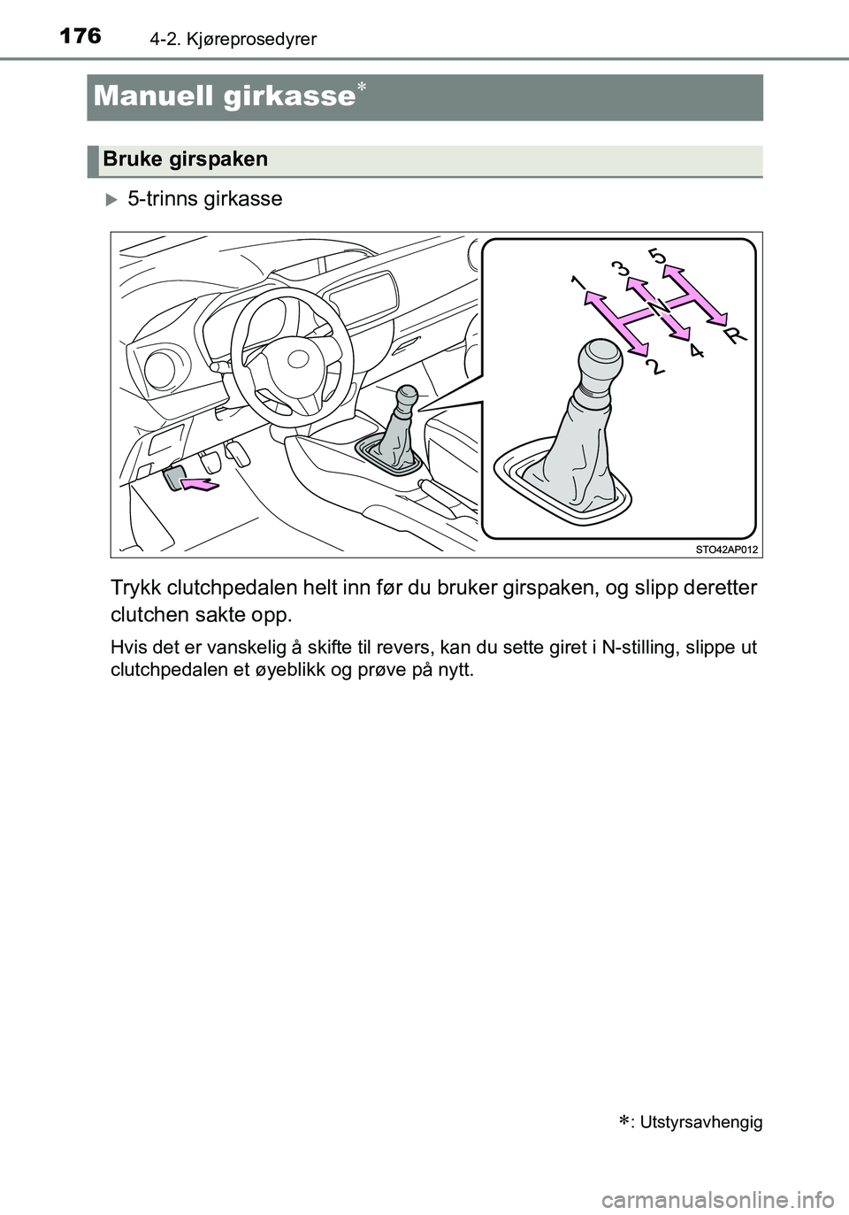 TOYOTA YARIS HATCHBACK 2016 Instruksjoner for bruk (in Norwegian) 1764-2. Kjøreprosedyrer
OM52G04NO
Manuell girkasse
5-trinns girkasse
Trykk clutchpedalen helt inn før du bruker girspaken, og slipp deretter
clutchen sakte opp.
Hvis det er vanskelig å skifte TOYOTA YARIS HATCHBACK 2016 Instruksjoner for bruk (in Norwegian) 1764-2. Kjøreprosedyrer
OM52G04NO
Manuell girkasse
5-trinns girkasse
Trykk clutchpedalen helt inn før du bruker girspaken, og slipp deretter
clutchen sakte opp.
Hvis det er vanskelig å skifte
