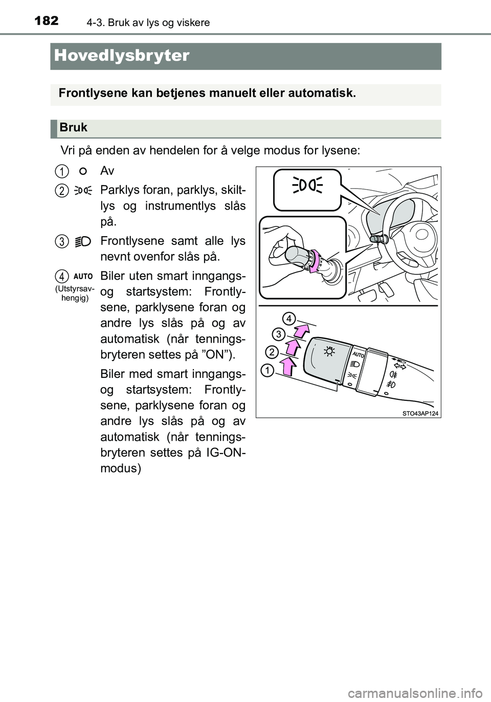 TOYOTA YARIS HATCHBACK 2016 Instruksjoner for bruk (in Norwegian) 1824-3. Bruk av lys og viskere
OM52G04NO
Hovedlysbr yter
Vri på enden av hendelen for å velge modus for lysene:Av
Parklys foran, parklys, skilt-
lys og instrumentlys slås
på.
Frontlysene samt alle TOYOTA YARIS HATCHBACK 2016 Instruksjoner for bruk (in Norwegian) 1824-3. Bruk av lys og viskere
OM52G04NO
Hovedlysbr yter
Vri på enden av hendelen for å velge modus for lysene:Av
Parklys foran, parklys, skilt-
lys og instrumentlys slås
på.
Frontlysene samt alle
