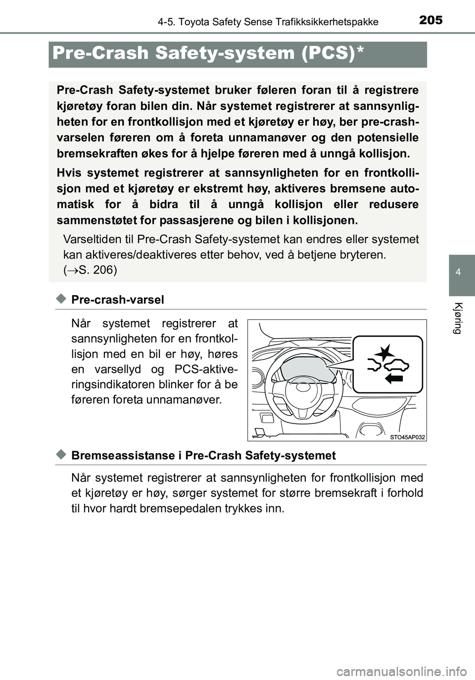 TOYOTA YARIS HATCHBACK 2016 Instruksjoner for bruk (in Norwegian) 205
4
4-5. Toyota Safety Sense Trafikksikkerhetspakke
Kjøring
OM52G04NO
Pre-Crash Safety-system (PCS)*
uPre-crash-varsel
Når systemet registrerer at
sannsynligheten for en frontkol-
lisjon med en bi TOYOTA YARIS HATCHBACK 2016 Instruksjoner for bruk (in Norwegian) 205
4
4-5. Toyota Safety Sense Trafikksikkerhetspakke
Kjøring
OM52G04NO
Pre-Crash Safety-system (PCS)*
uPre-crash-varsel
Når systemet registrerer at
sannsynligheten for en frontkol-
lisjon med en bi