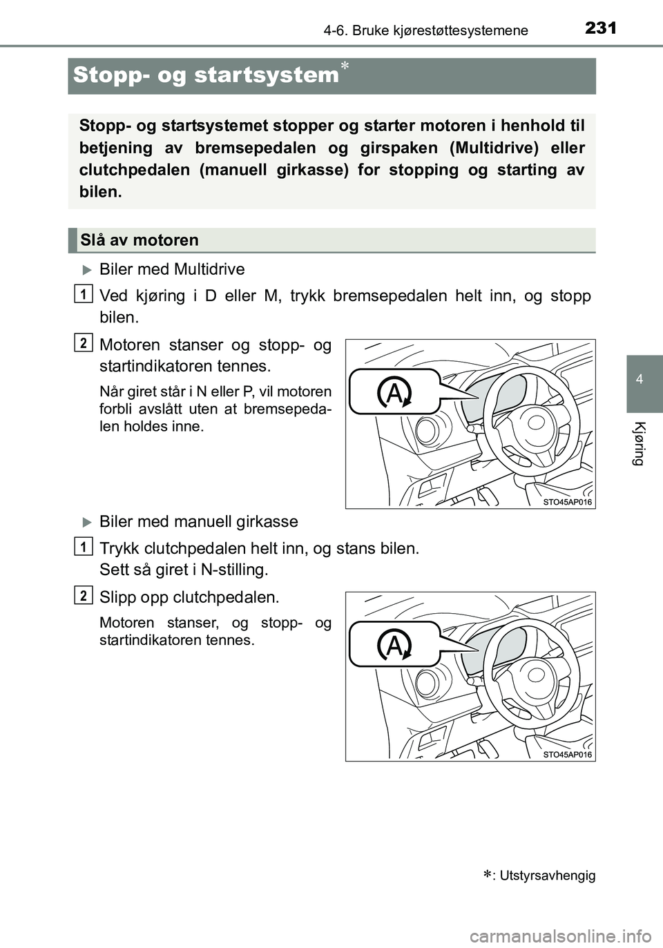 TOYOTA YARIS HATCHBACK 2015 Instruksjoner for bruk (in Norwegian) 231
4
4-6. Bruke kjørestøttesystemene
Kjøring
OM52G04NO
Stopp- og startsystem
Biler med Multidrive
Ved kjøring i D eller M, trykk bremsepedalen helt inn, og stopp
bilen.
Motoren stanser og s TOYOTA YARIS HATCHBACK 2015 Instruksjoner for bruk (in Norwegian) 231
4
4-6. Bruke kjørestøttesystemene
Kjøring
OM52G04NO
Stopp- og startsystem
Biler med Multidrive
Ved kjøring i D eller M, trykk bremsepedalen helt inn, og stopp
bilen.
Motoren stanser og s