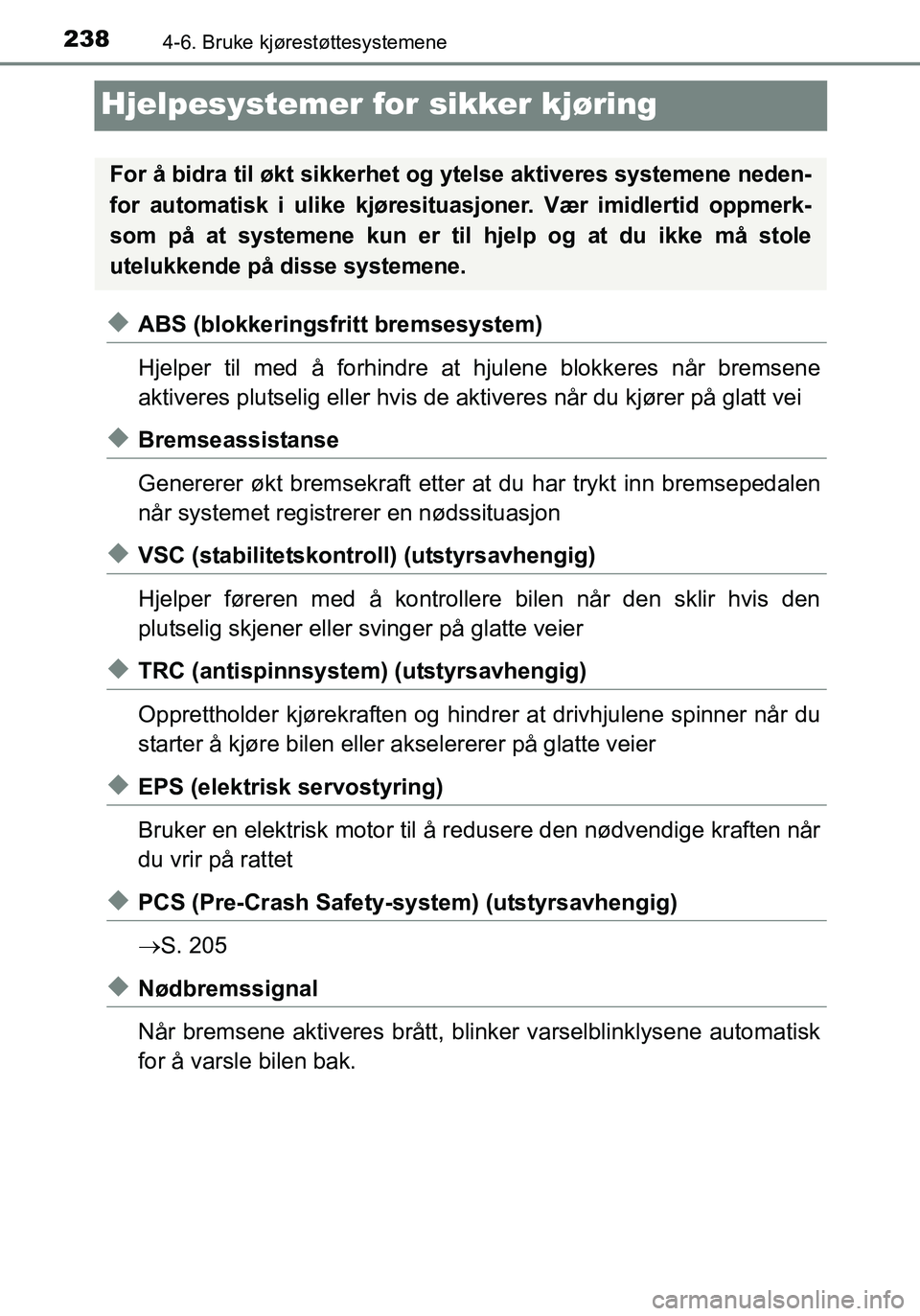 TOYOTA YARIS HATCHBACK 2016 Instruksjoner for bruk (in Norwegian) 2384-6. Bruke kjørestøttesystemene
OM52G04NO
Hjelpesystemer for sikker kjøring
uABS (blokkeringsfritt bremsesystem)
Hjelper til med å forhindre at hjulene blokkeres når bremsene
aktiveres plutsel TOYOTA YARIS HATCHBACK 2016 Instruksjoner for bruk (in Norwegian) 2384-6. Bruke kjørestøttesystemene
OM52G04NO
Hjelpesystemer for sikker kjøring
uABS (blokkeringsfritt bremsesystem)
Hjelper til med å forhindre at hjulene blokkeres når bremsene
aktiveres plutsel
