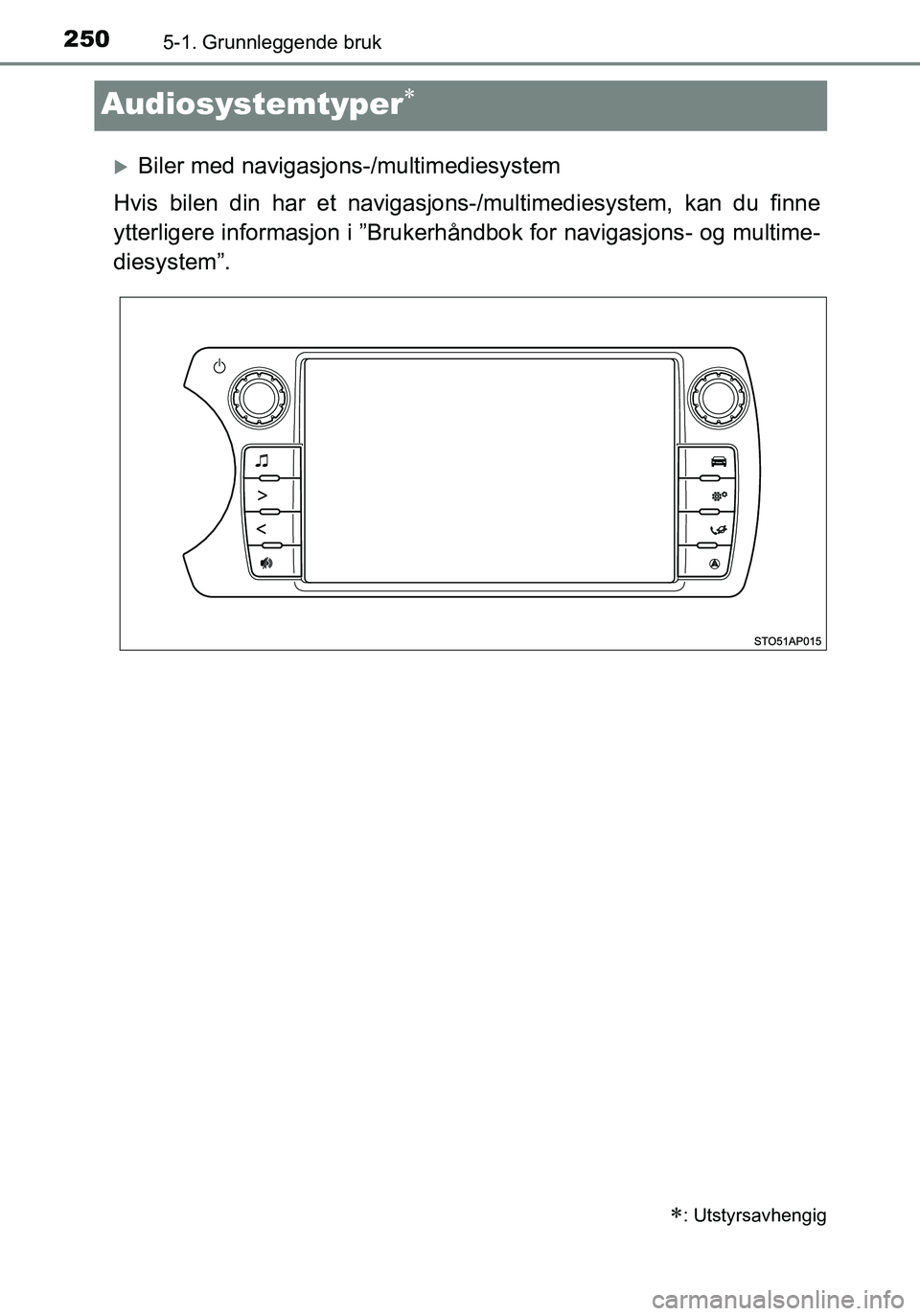 TOYOTA YARIS HATCHBACK 2016  Instruksjoner for bruk (in Norwegian) 2505-1. Grunnleggende bruk
OM52G04NO
Audiosystemtyper
Biler med navigasjons-/multimediesystem
Hvis bilen din har et navigasjons -/multimediesystem, kan du finne
ytterligere inform asjon i ”Bru