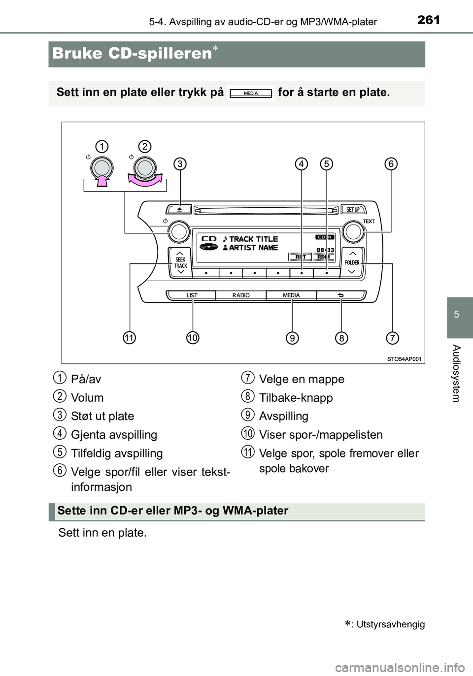 TOYOTA YARIS HATCHBACK 2016 Instruksjoner for bruk (in Norwegian) 261
5
5-4. Avspilling av audio-CD-er og MP3/WMA-plater
Audiosystem
OM52G04NO
Bruke CD-spilleren
Sett inn en plate.
: Utstyrsavhengig
Sett inn en plate eller trykk på for å starte en plate.
P TOYOTA YARIS HATCHBACK 2016 Instruksjoner for bruk (in Norwegian) 261
5
5-4. Avspilling av audio-CD-er og MP3/WMA-plater
Audiosystem
OM52G04NO
Bruke CD-spilleren
Sett inn en plate.
: Utstyrsavhengig
Sett inn en plate eller trykk på for å starte en plate.
P