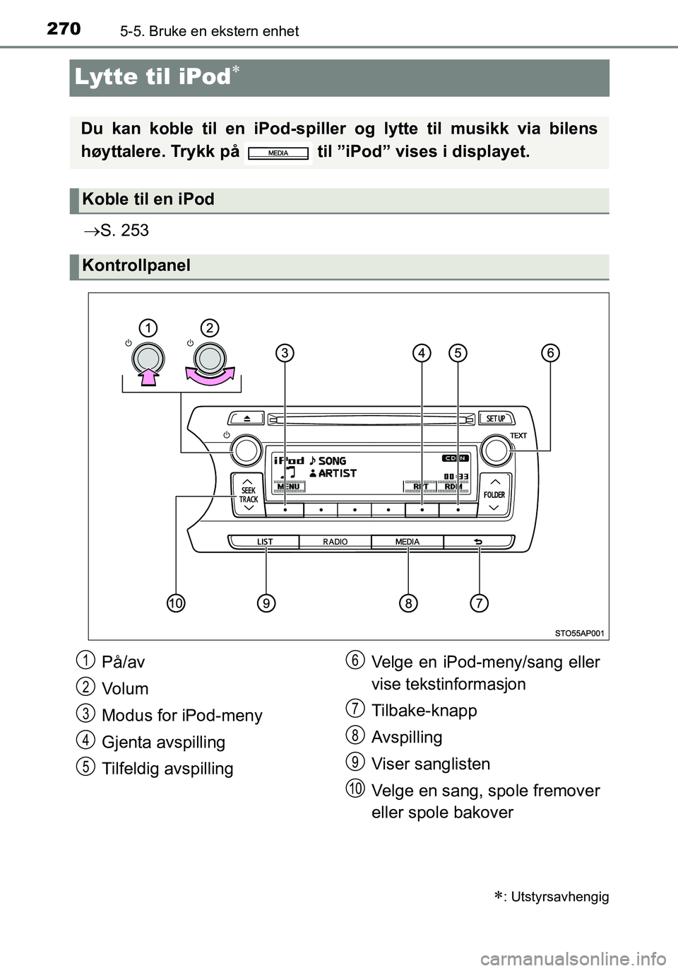 TOYOTA YARIS HATCHBACK 2015 Instruksjoner for bruk (in Norwegian) 2705-5. Bruke en ekstern enhet
OM52G04NO
Lytte til iPod
S. 253
: Utstyrsavhengig
Du kan koble til en iPod-spille r og lytte til musikk via bilens
høyttalere. Trykk på til ”iPod” vises TOYOTA YARIS HATCHBACK 2015 Instruksjoner for bruk (in Norwegian) 2705-5. Bruke en ekstern enhet
OM52G04NO
Lytte til iPod
S. 253
: Utstyrsavhengig
Du kan koble til en iPod-spille r og lytte til musikk via bilens
høyttalere. Trykk på til ”iPod” vises