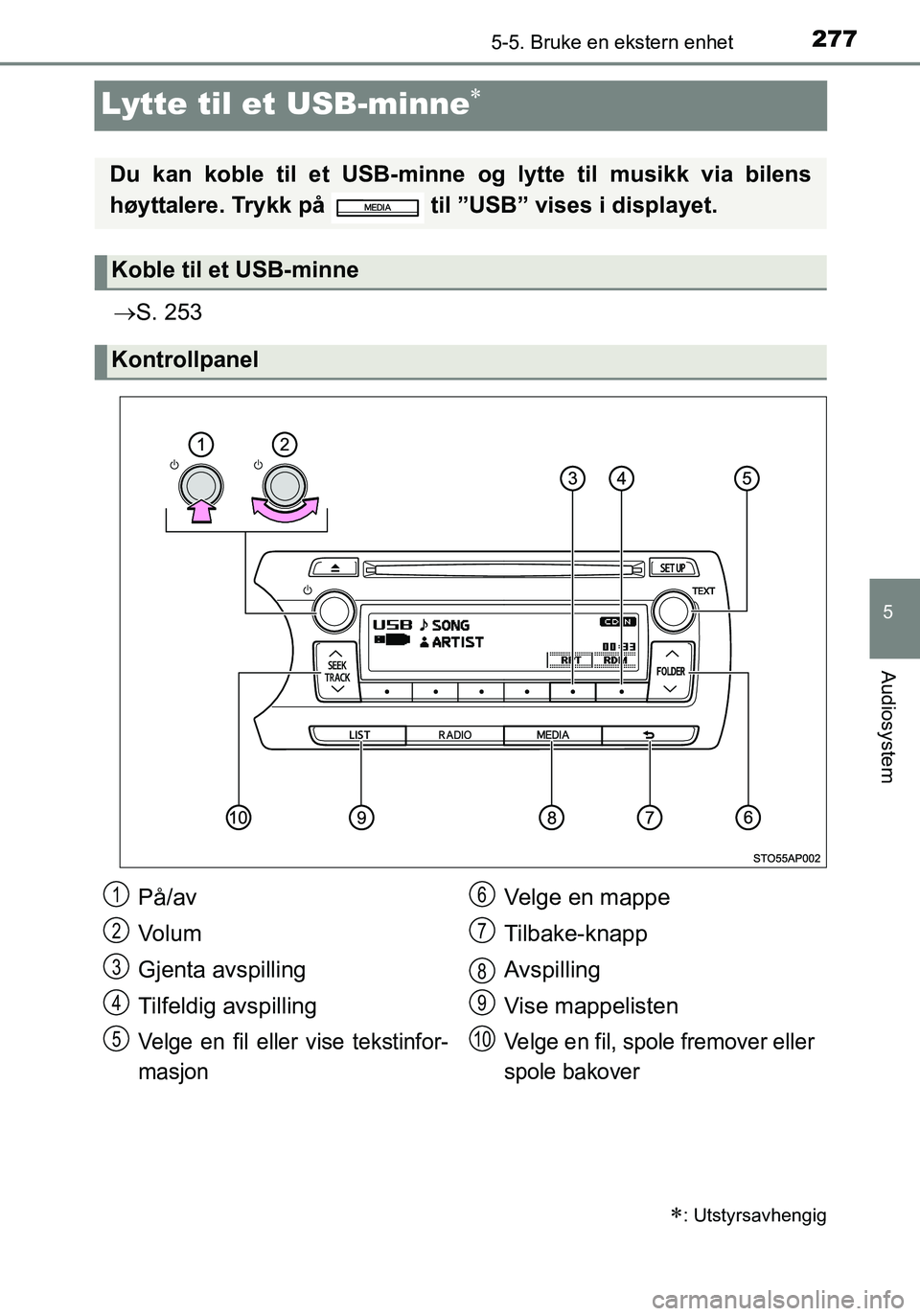 TOYOTA YARIS HATCHBACK 2015 Instruksjoner for bruk (in Norwegian) 277
5
5-5. Bruke en ekstern enhet
Audiosystem
OM52G04NO
Lytte til et USB-minne
S. 253
: Utstyrsavhengig
Du kan koble til et USB-minne og lytte til musikk via bilens
høyttalere. Trykk på TOYOTA YARIS HATCHBACK 2015 Instruksjoner for bruk (in Norwegian) 277
5
5-5. Bruke en ekstern enhet
Audiosystem
OM52G04NO
Lytte til et USB-minne
S. 253
: Utstyrsavhengig
Du kan koble til et USB-minne og lytte til musikk via bilens
høyttalere. Trykk på