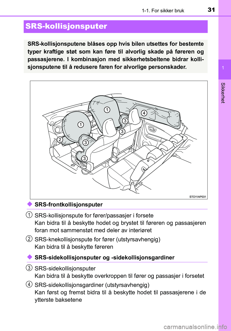 TOYOTA YARIS HATCHBACK 2015 Instruksjoner for bruk (in Norwegian) 311-1. For sikker bruk
1
Sikkerhet
OM52G04NO
SRS-kollisjonsputer
uSRS-frontkollisjonsputer
SRS-kollisjonspute for fører/passasjer i forsete
Kan bidra til å beskytte hodet og brystet til føreren og TOYOTA YARIS HATCHBACK 2015 Instruksjoner for bruk (in Norwegian) 311-1. For sikker bruk
1
Sikkerhet
OM52G04NO
SRS-kollisjonsputer
uSRS-frontkollisjonsputer
SRS-kollisjonspute for fører/passasjer i forsete
Kan bidra til å beskytte hodet og brystet til føreren og