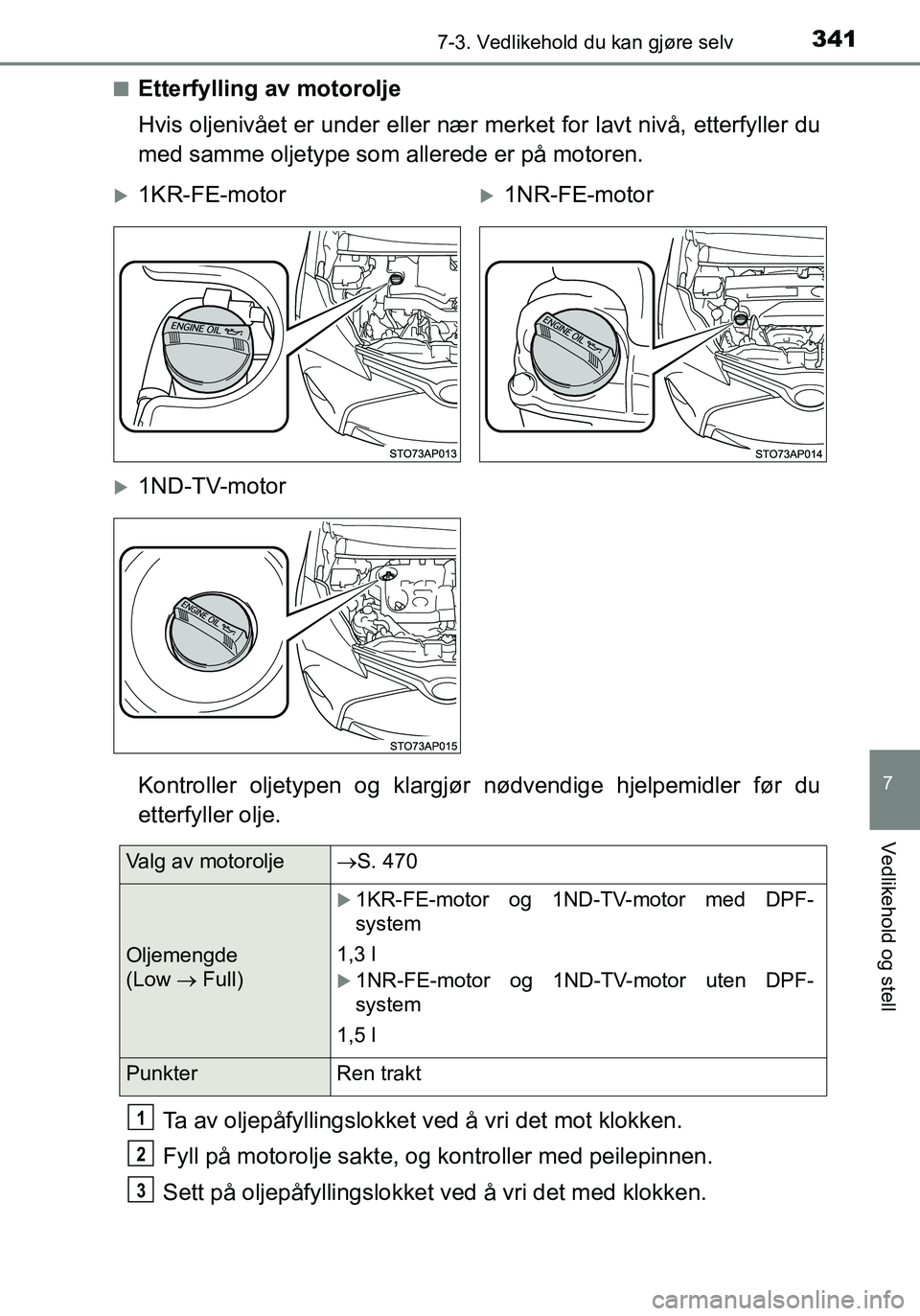 TOYOTA YARIS HATCHBACK 2016 Instruksjoner for bruk (in Norwegian) 3417-3. Vedlikehold du kan gjøre selv
7
Vedlikehold og stell
OM52G04NOn
Etterfylling av motorolje
Hvis oljenivået er under eller nær
merket for lavt nivå, etterfyller du
med samme oljetype som al TOYOTA YARIS HATCHBACK 2016 Instruksjoner for bruk (in Norwegian) 3417-3. Vedlikehold du kan gjøre selv
7
Vedlikehold og stell
OM52G04NOn
Etterfylling av motorolje
Hvis oljenivået er under eller nær
merket for lavt nivå, etterfyller du
med samme oljetype som al