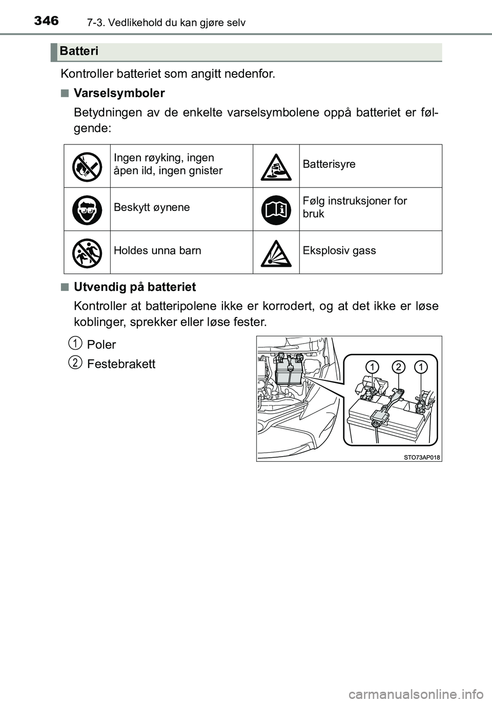 TOYOTA YARIS HATCHBACK 2016  Instruksjoner for bruk (in Norwegian) 3467-3. Vedlikehold du kan gjøre selv
OM52G04NO
Kontroller batteriet som angitt nedenfor.
nVarselsymboler
Betydningen av de enkelte varselsymbolene oppå batteriet er føl-
gende:
nUtvendig på batte