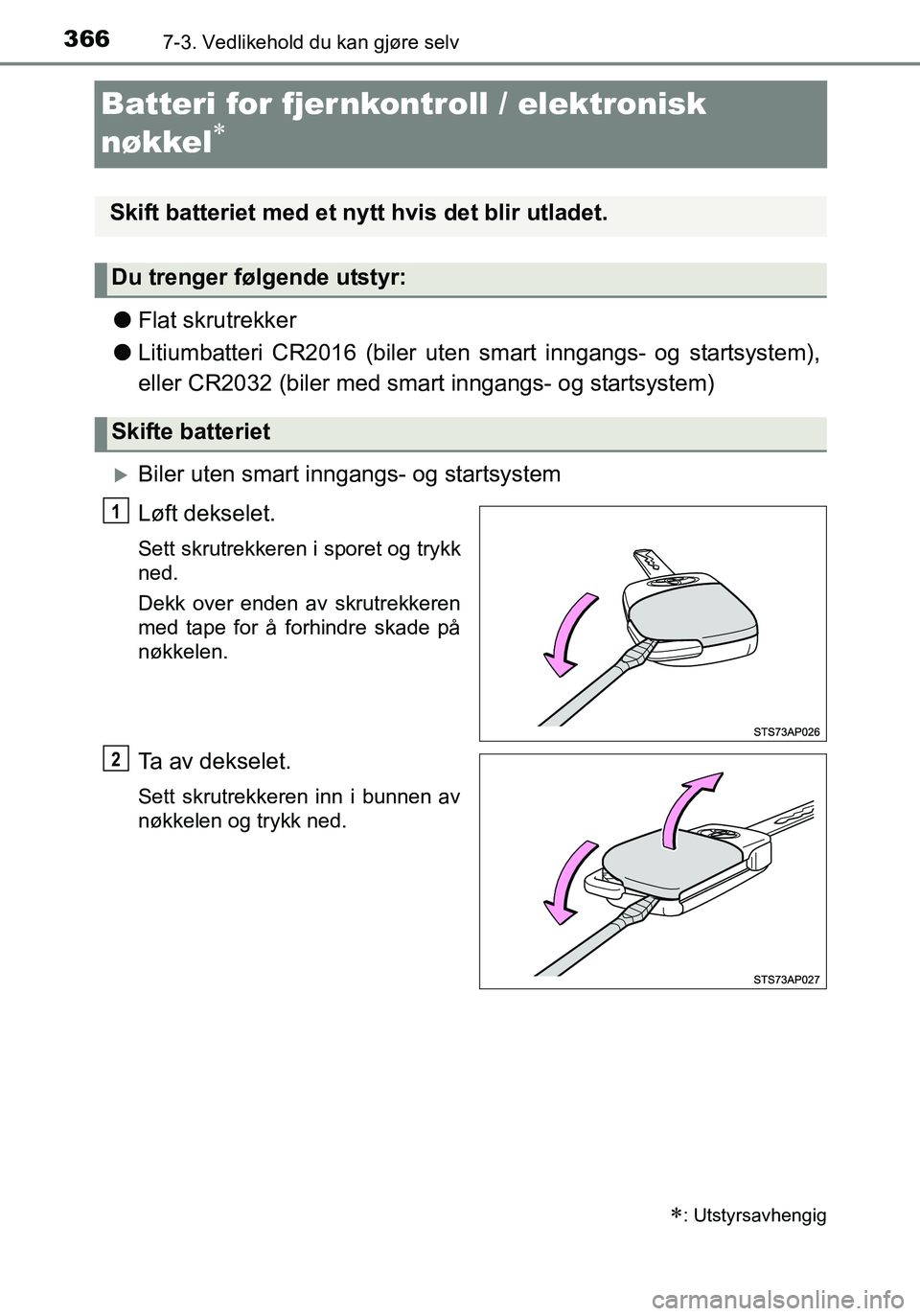 TOYOTA YARIS HATCHBACK 2016 Instruksjoner for bruk (in Norwegian) 3667-3. Vedlikehold du kan gjøre selv
OM52G04NO
Batteri for fjernkontroll / elektronisk
nøkkel
lFlat skrutrekker
l Litiumbatteri CR2016 (biler uten sm art inngangs- og startsystem),
eller CR203 TOYOTA YARIS HATCHBACK 2016 Instruksjoner for bruk (in Norwegian) 3667-3. Vedlikehold du kan gjøre selv
OM52G04NO
Batteri for fjernkontroll / elektronisk
nøkkel
lFlat skrutrekker
l Litiumbatteri CR2016 (biler uten sm art inngangs- og startsystem),
eller CR203