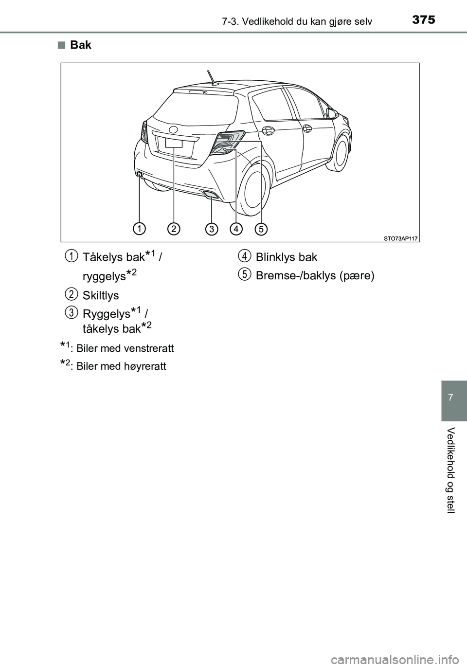 TOYOTA YARIS HATCHBACK 2016  Instruksjoner for bruk (in Norwegian) 3757-3. Vedlikehold du kan gjøre selv
7
Vedlikehold og stell
OM52G04NOn
Bak
*1: Biler med venstreratt
*2: Biler med høyreratt
Tåkelys bak*1 / 
ryggelys
*2
Skiltlys
Ryggelys
*1 / 
tåkelys bak
*2
Bl