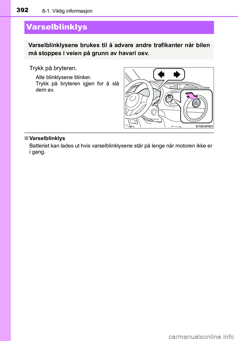 TOYOTA YARIS HATCHBACK 2016 Instruksjoner for bruk (in Norwegian) 3928-1. Viktig informasjon
OM52G04NO
Varselblinklys
Trykk på bryteren.
Alle blinklysene blinker.
Trykk på bryteren igjen for å slå
dem av.
nVarselblinklys
Batteriet kan lades ut hvis varselblinkly TOYOTA YARIS HATCHBACK 2016 Instruksjoner for bruk (in Norwegian) 3928-1. Viktig informasjon
OM52G04NO
Varselblinklys
Trykk på bryteren.
Alle blinklysene blinker.
Trykk på bryteren igjen for å slå
dem av.
nVarselblinklys
Batteriet kan lades ut hvis varselblinkly