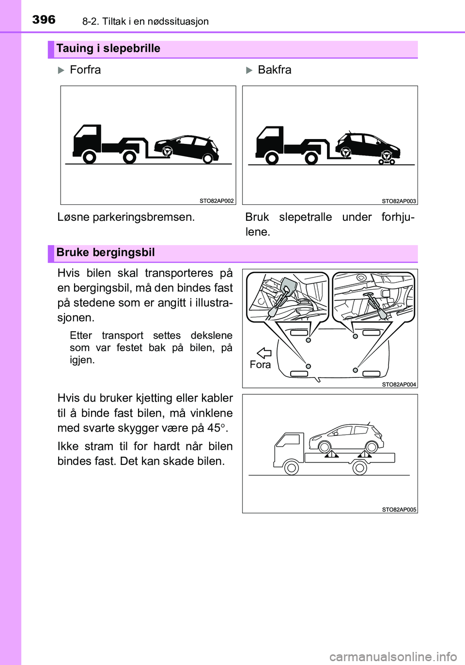 TOYOTA YARIS HATCHBACK 2016 Instruksjoner for bruk (in Norwegian) 3968-2. Tiltak i en nødssituasjon
OM52G04NO
Hvis bilen skal transporteres på
en bergingsbil, må den bindes fast
på stedene som er angitt i illustra-
sjonen.
Etter transport settes dekslene
som var TOYOTA YARIS HATCHBACK 2016 Instruksjoner for bruk (in Norwegian) 3968-2. Tiltak i en nødssituasjon
OM52G04NO
Hvis bilen skal transporteres på
en bergingsbil, må den bindes fast
på stedene som er angitt i illustra-
sjonen.
Etter transport settes dekslene
som var