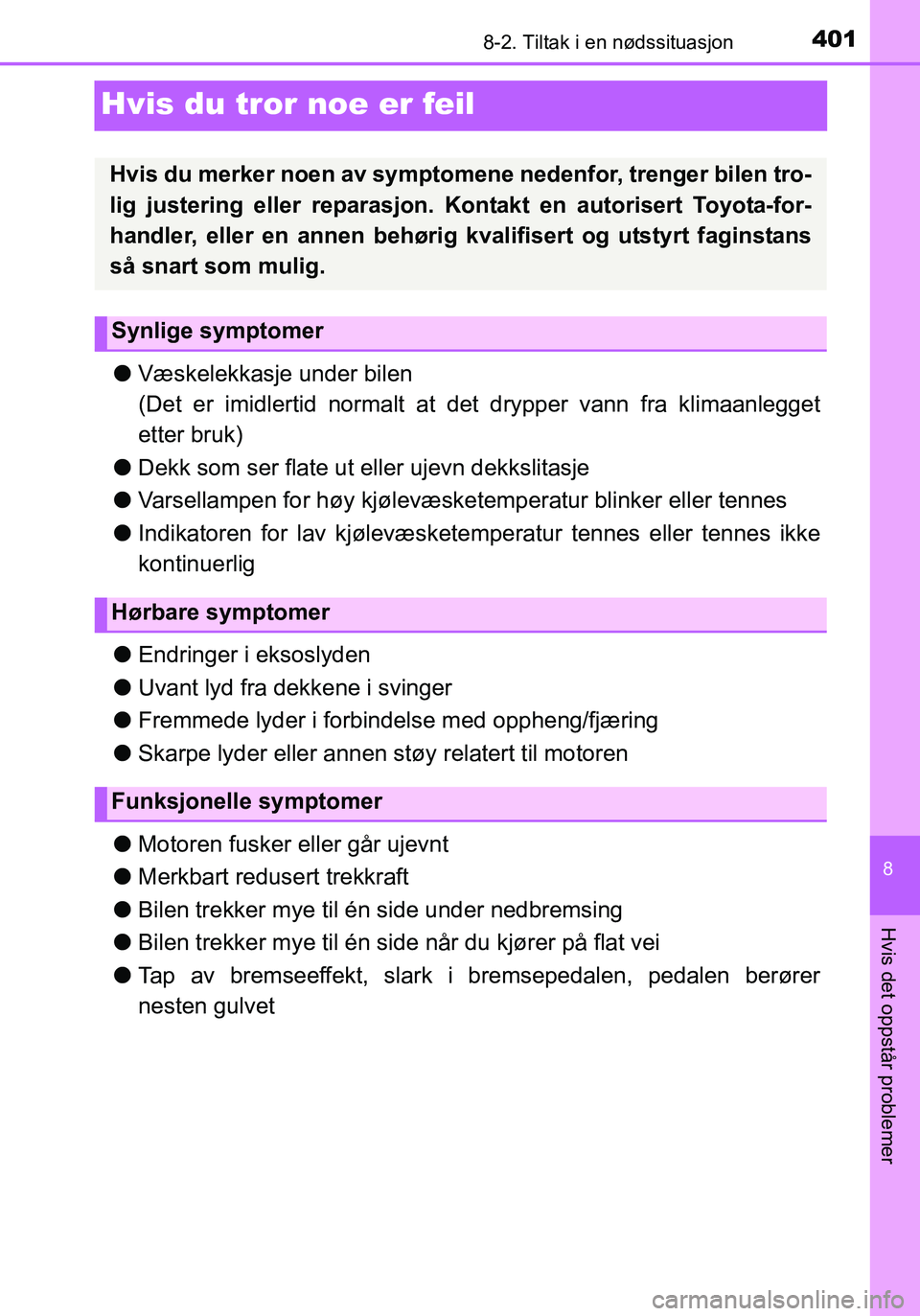 TOYOTA YARIS HATCHBACK 2016 Instruksjoner for bruk (in Norwegian) 4018-2. Tiltak i en nødssituasjon
8
Hvis det oppstår problemer
OM52G04NO
Hvis du tror noe er feil
lVæskelekkasje under bilen
(Det er imidlertid normalt at det drypper vann fra klimaanlegget
etter TOYOTA YARIS HATCHBACK 2016 Instruksjoner for bruk (in Norwegian) 4018-2. Tiltak i en nødssituasjon
8
Hvis det oppstår problemer
OM52G04NO
Hvis du tror noe er feil
lVæskelekkasje under bilen
(Det er imidlertid normalt at det drypper vann fra klimaanlegget
etter