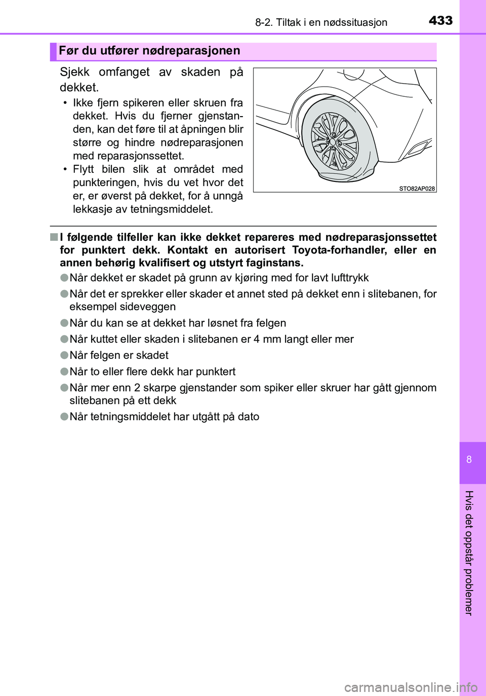 TOYOTA YARIS HATCHBACK 2016 Instruksjoner for bruk (in Norwegian) 4338-2. Tiltak i en nødssituasjon
8
Hvis det oppstår problemer
OM52G04NO
Sjekk omfanget av skaden på
dekket.
• Ikke fjern spikeren eller skruen fradekket. Hvis du fjerner gjenstan-
den, kan det f TOYOTA YARIS HATCHBACK 2016 Instruksjoner for bruk (in Norwegian) 4338-2. Tiltak i en nødssituasjon
8
Hvis det oppstår problemer
OM52G04NO
Sjekk omfanget av skaden på
dekket.
• Ikke fjern spikeren eller skruen fradekket. Hvis du fjerner gjenstan-
den, kan det f