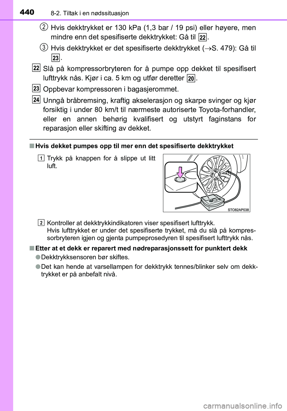TOYOTA YARIS HATCHBACK 2016 Instruksjoner for bruk (in Norwegian) 4408-2. Tiltak i en nødssituasjon
OM52G04NO
Hvis dekktrykket er 130 kPa (1,3 bar / 19 psi) eller høyere, men
mindre enn det spesifiserte dekktrykket: Gå til .
Hvis dekktrykket er det spesifiserte TOYOTA YARIS HATCHBACK 2016 Instruksjoner for bruk (in Norwegian) 4408-2. Tiltak i en nødssituasjon
OM52G04NO
Hvis dekktrykket er 130 kPa (1,3 bar / 19 psi) eller høyere, men
mindre enn det spesifiserte dekktrykket: Gå til .
Hvis dekktrykket er det spesifiserte
