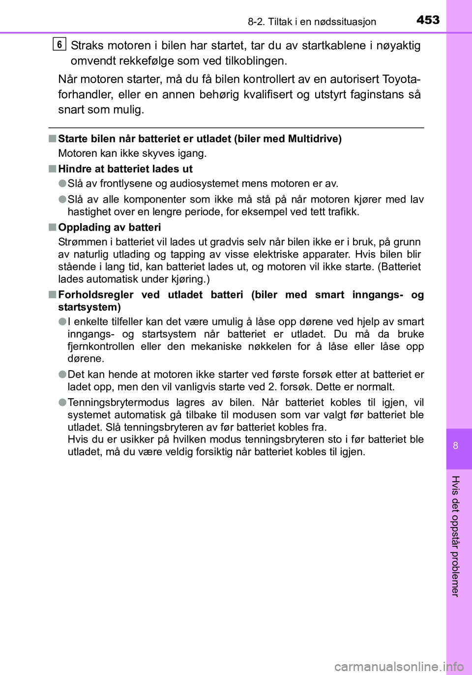 TOYOTA YARIS HATCHBACK 2016 Instruksjoner for bruk (in Norwegian) 4538-2. Tiltak i en nødssituasjon
8
Hvis det oppstår problemer
OM52G04NO
Straks motoren i bilen har startet, tar du av startkablene i nøyaktig
omvendt rekkefølge som ved tilkoblingen.
Når motoren TOYOTA YARIS HATCHBACK 2016 Instruksjoner for bruk (in Norwegian) 4538-2. Tiltak i en nødssituasjon
8
Hvis det oppstår problemer
OM52G04NO
Straks motoren i bilen har startet, tar du av startkablene i nøyaktig
omvendt rekkefølge som ved tilkoblingen.
Når motoren