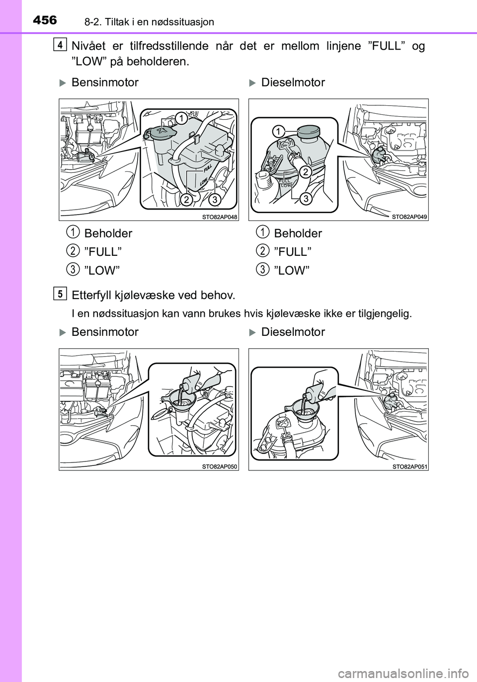 TOYOTA YARIS HATCHBACK 2016 Instruksjoner for bruk (in Norwegian) 4568-2. Tiltak i en nødssituasjon
OM52G04NO
Nivået er tilfredsstillende når det er mellom linjene ”FULL” og
”LOW” på beholderen.
Etterfyll kjølevæske ved behov.
I en nødssituasjon kan v TOYOTA YARIS HATCHBACK 2016 Instruksjoner for bruk (in Norwegian) 4568-2. Tiltak i en nødssituasjon
OM52G04NO
Nivået er tilfredsstillende når det er mellom linjene ”FULL” og
”LOW” på beholderen.
Etterfyll kjølevæske ved behov.
I en nødssituasjon kan v
