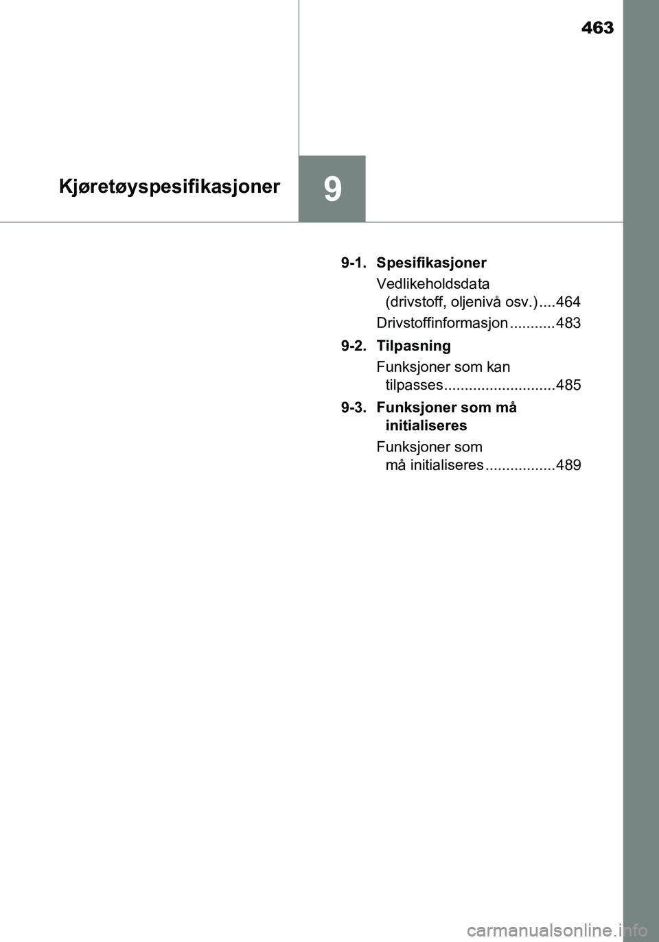 TOYOTA YARIS HATCHBACK 2016  Instruksjoner for bruk (in Norwegian) 463
9Kjøretøyspesifikasjoner
OM52G04NO9-1. Spesifikasjoner
Vedlikeholdsdata (drivstoff, oljenivå osv.) .... 464
Drivstoffinformasjon ........... 483
9-2. Tilpasning Funksjoner som kan tilpasses....