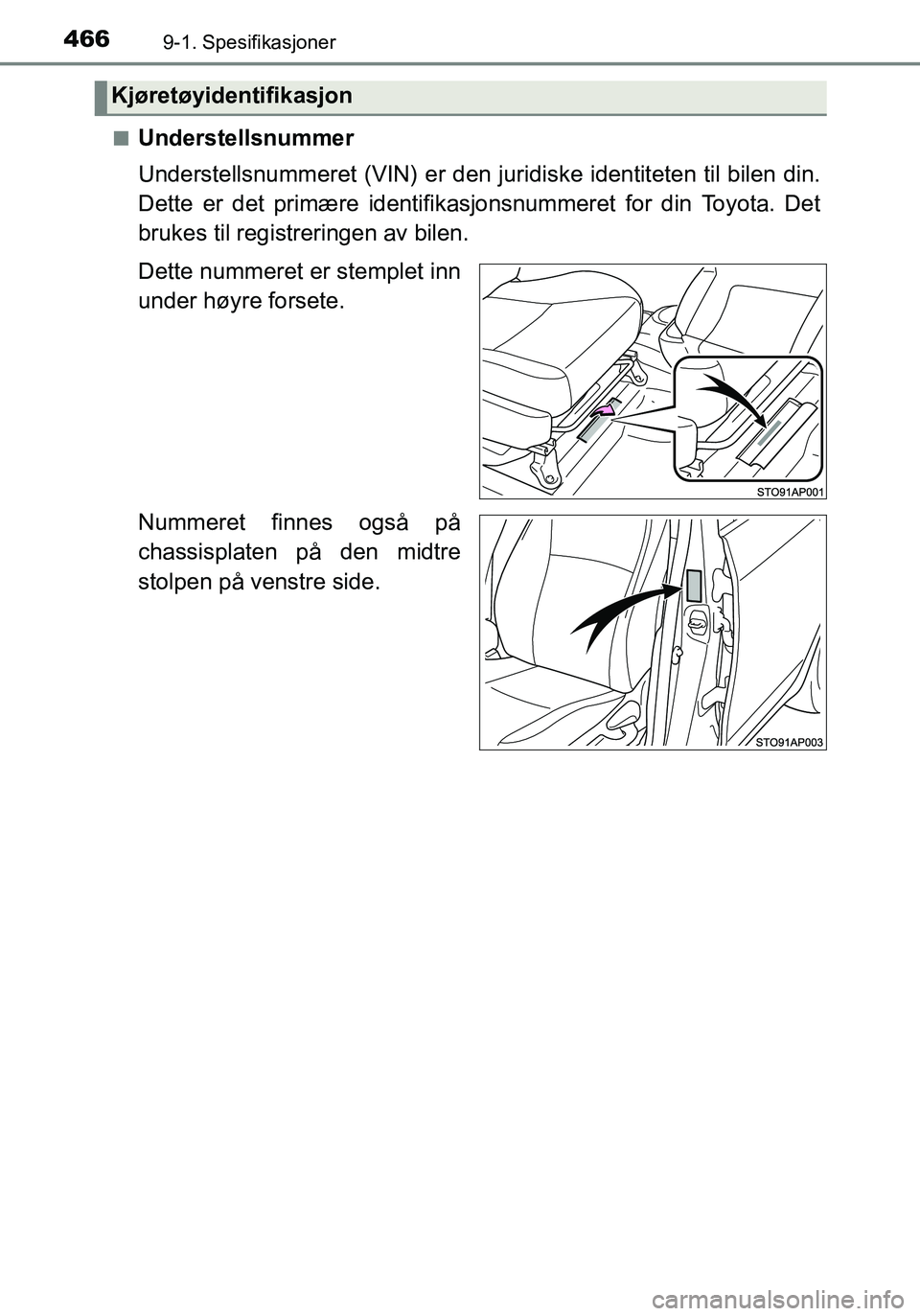 TOYOTA YARIS HATCHBACK 2016  Instruksjoner for bruk (in Norwegian) 4669-1. Spesifikasjoner
OM52G04NOn
Understellsnummer
Understellsnummeret (VIN) er den juridiske identiteten til bilen din.
Dette er det primære identifikasjonsnummeret for din Toyota. Det
brukes til 