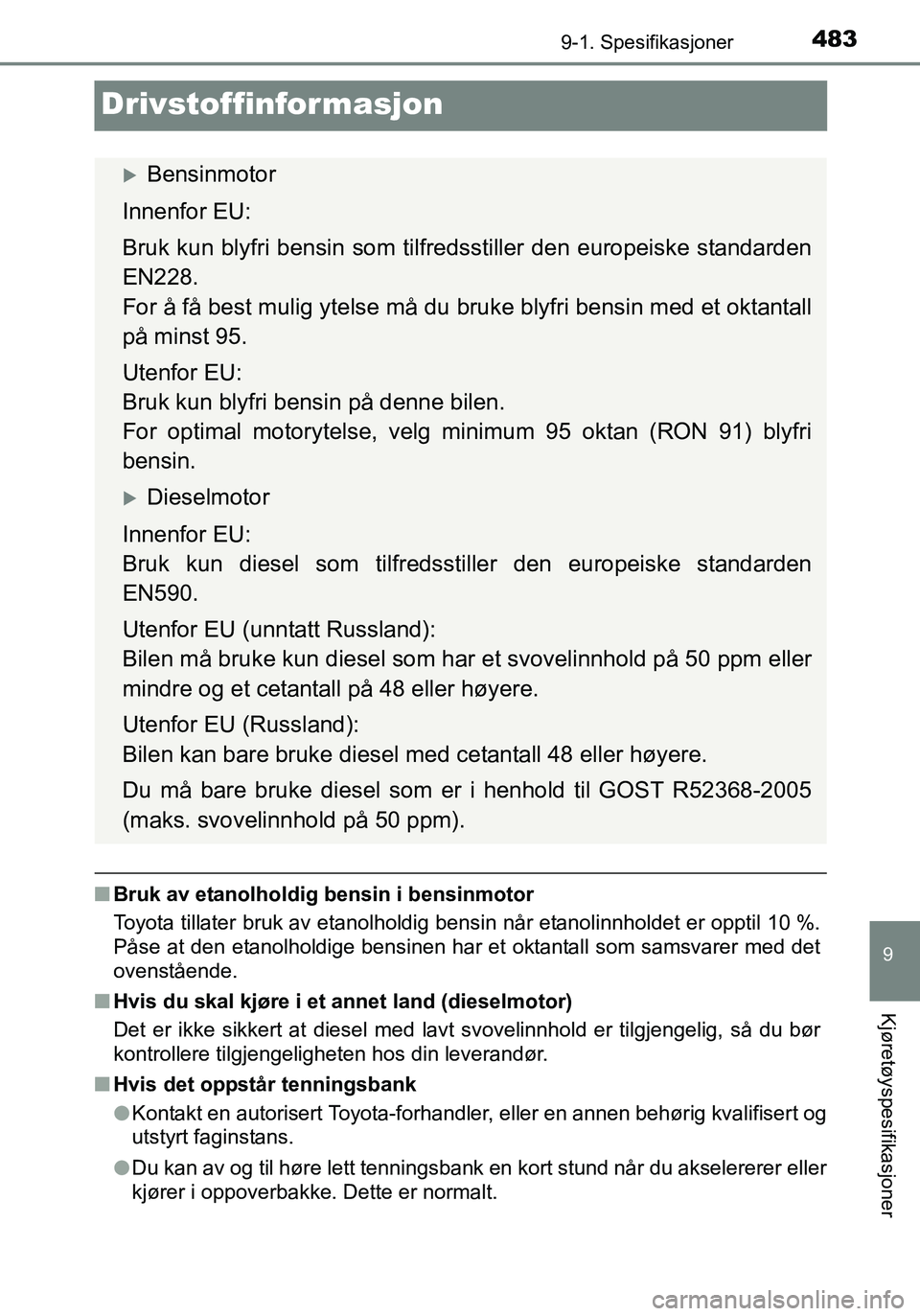 TOYOTA YARIS HATCHBACK 2016 Instruksjoner for bruk (in Norwegian) 4839-1. Spesifikasjoner
9
Kjøretøyspesifikasjoner
OM52G04NO
Drivstoffinformasjon
nBruk av etanolholdig bensin i bensinmotor
Toyota tillater bruk av etanolholdig bensin når etanolinnholdet er opptil TOYOTA YARIS HATCHBACK 2016 Instruksjoner for bruk (in Norwegian) 4839-1. Spesifikasjoner
9
Kjøretøyspesifikasjoner
OM52G04NO
Drivstoffinformasjon
nBruk av etanolholdig bensin i bensinmotor
Toyota tillater bruk av etanolholdig bensin når etanolinnholdet er opptil