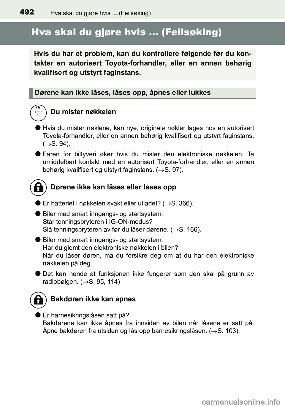 TOYOTA YARIS HATCHBACK 2016 Instruksjoner for bruk (in Norwegian) 492Hva skal du gjøre hvis ... (Feilsøking)
OM52G04NO
Hva skal du gjøre hvis ... (Feilsøking)
lHvis du mister nøklene, kan nye, orig inale nøkler lages hos en autorisert
Toyota-forhandler, eller TOYOTA YARIS HATCHBACK 2016 Instruksjoner for bruk (in Norwegian) 492Hva skal du gjøre hvis ... (Feilsøking)
OM52G04NO
Hva skal du gjøre hvis ... (Feilsøking)
lHvis du mister nøklene, kan nye, orig inale nøkler lages hos en autorisert
Toyota-forhandler, eller