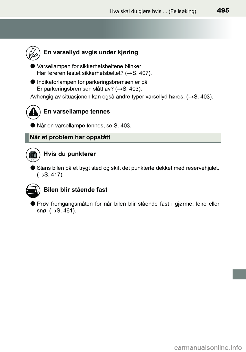 TOYOTA YARIS HATCHBACK 2016 Instruksjoner for bruk (in Norwegian) 495Hva skal du gjøre hvis ... (Feilsøking)
OM52G04NO
lVarsellampen for sikkerhetsbeltene blinker
Har føreren festet sikkerhetsbeltet? (S. 407).
lIndikatorlampen for parkeringsbremsen er på
Er TOYOTA YARIS HATCHBACK 2016 Instruksjoner for bruk (in Norwegian) 495Hva skal du gjøre hvis ... (Feilsøking)
OM52G04NO
lVarsellampen for sikkerhetsbeltene blinker
Har føreren festet sikkerhetsbeltet? (S. 407).
lIndikatorlampen for parkeringsbremsen er på
Er
