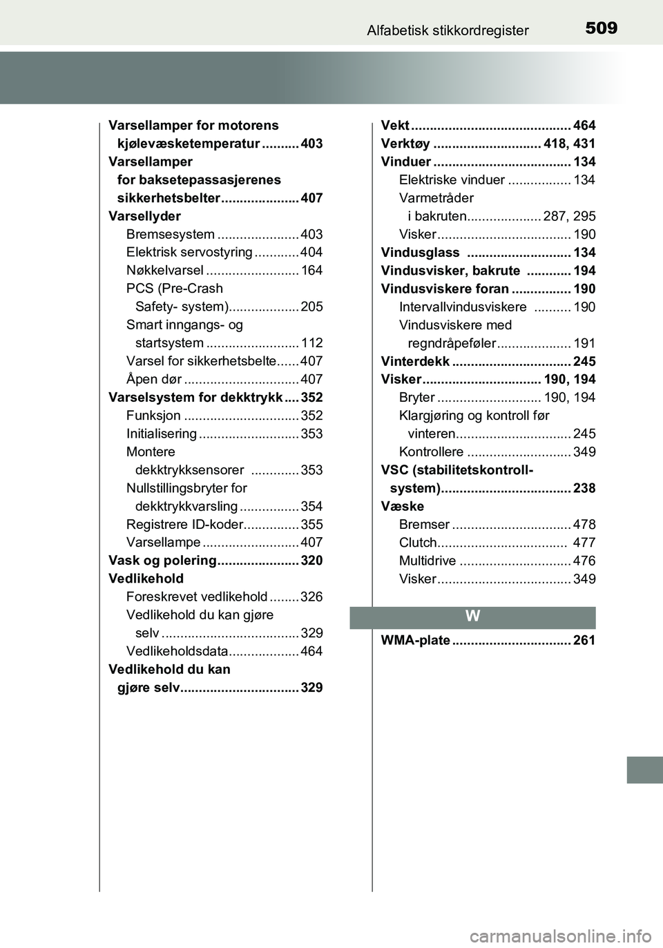 TOYOTA YARIS HATCHBACK 2016 Instruksjoner for bruk (in Norwegian) 509Alfabetisk stikkordregister
OM52G04NO
Varsellamper for motorens kjølevæsketemperatur .......... 403
Varsellamper for baksetepassasjerenes
sikkerhetsbelter ..................... 407
Varsellyder TOYOTA YARIS HATCHBACK 2016 Instruksjoner for bruk (in Norwegian) 509Alfabetisk stikkordregister
OM52G04NO
Varsellamper for motorens kjølevæsketemperatur .......... 403
Varsellamper for baksetepassasjerenes
sikkerhetsbelter ..................... 407
Varsellyder