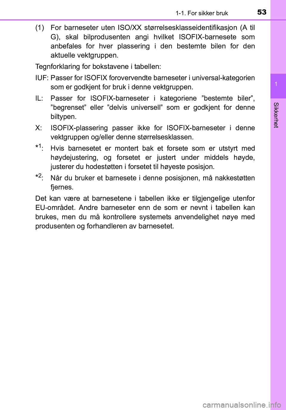 TOYOTA YARIS HATCHBACK 2016 Instruksjoner for bruk (in Norwegian) 531-1. For sikker bruk
1
Sikkerhet
OM52G04NO
(1) For barneseter uten ISO/XX størrelsesklasseidentifikasjon (A til
G), skal bilprodusenten angi hvilket ISOFIX-barnesete som
anbefales for hver plasseri TOYOTA YARIS HATCHBACK 2016 Instruksjoner for bruk (in Norwegian) 531-1. For sikker bruk
1
Sikkerhet
OM52G04NO
(1) For barneseter uten ISO/XX størrelsesklasseidentifikasjon (A til
G), skal bilprodusenten angi hvilket ISOFIX-barnesete som
anbefales for hver plasseri