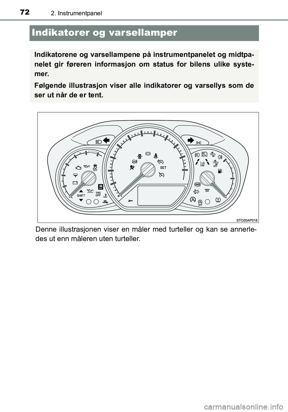 TOYOTA YARIS HATCHBACK 2016 Instruksjoner for bruk (in Norwegian) 722. Instrumentpanel
OM52G04NO
Indikatorer og varsellamper
Denne illustrasjonen viser en måler med turteller og kan se annerle-
des ut enn måleren uten turteller.
Indikatorene og varsellampene på i TOYOTA YARIS HATCHBACK 2016 Instruksjoner for bruk (in Norwegian) 722. Instrumentpanel
OM52G04NO
Indikatorer og varsellamper
Denne illustrasjonen viser en måler med turteller og kan se annerle-
des ut enn måleren uten turteller.
Indikatorene og varsellampene på i