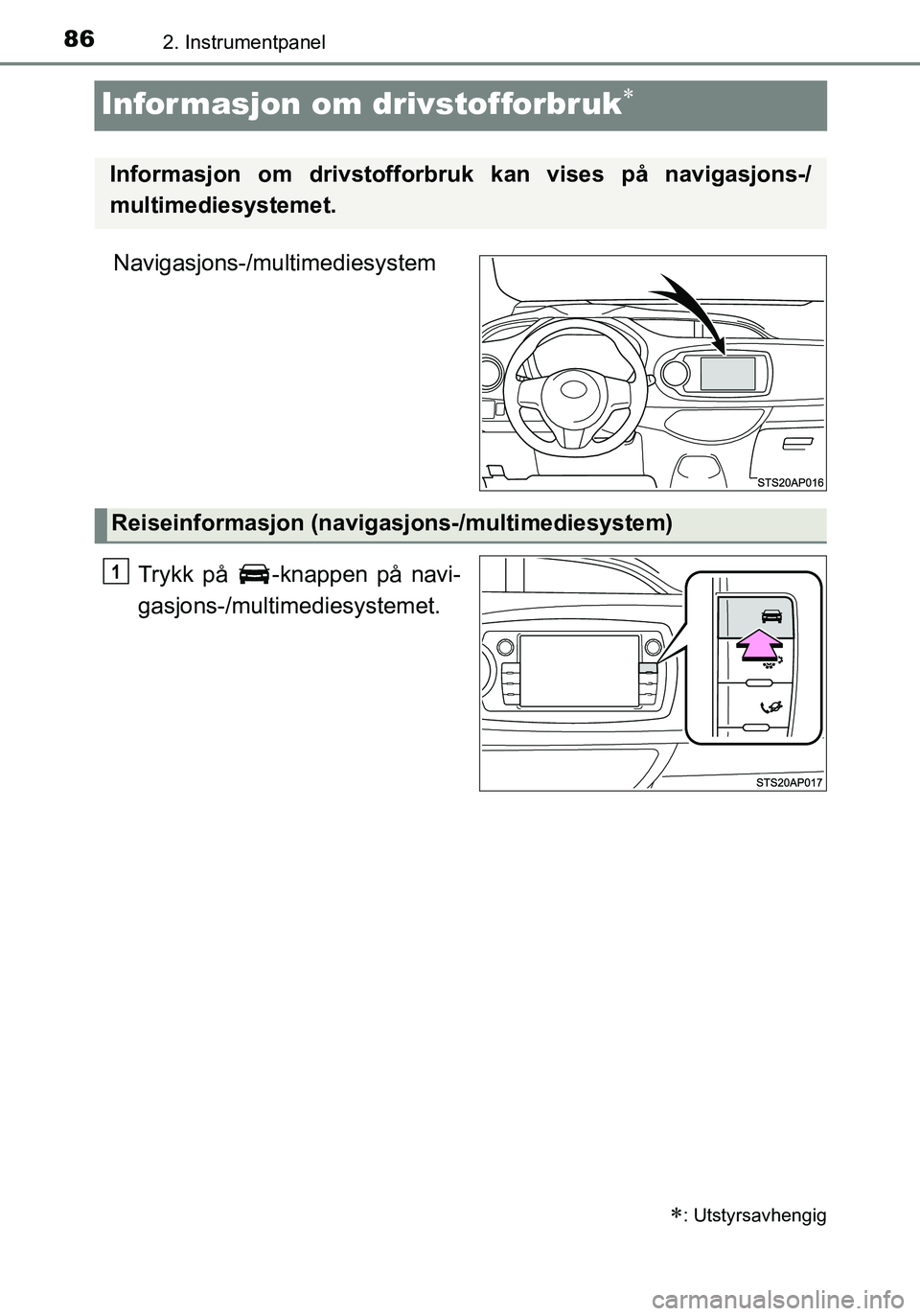 TOYOTA YARIS HATCHBACK 2016 Instruksjoner for bruk (in Norwegian) 862. Instrumentpanel
OM52G04NO
Informasjon om drivstofforbruk
Navigasjons-/multimediesystemTrykk på -knappen på navi-
gasjons-/multimediesystemet.
: Utstyrsavhengig
Informasjon om drivstoffor TOYOTA YARIS HATCHBACK 2016 Instruksjoner for bruk (in Norwegian) 862. Instrumentpanel
OM52G04NO
Informasjon om drivstofforbruk
Navigasjons-/multimediesystemTrykk på -knappen på navi-
gasjons-/multimediesystemet.
: Utstyrsavhengig
Informasjon om drivstoffor