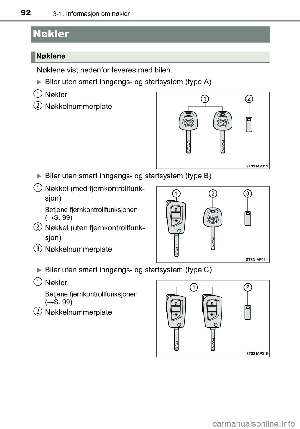 TOYOTA YARIS HATCHBACK 2016 Instruksjoner for bruk (in Norwegian) 923-1. Informasjon om nøkler
OM52G04NO
Nøkler
Nøklene vist nedenfor leveres med bilen.
Biler uten smart inngangs- og startsystem (type A)
Nøkler
Nøkkelnummerplate
Biler uten smart inngangs- TOYOTA YARIS HATCHBACK 2016 Instruksjoner for bruk (in Norwegian) 923-1. Informasjon om nøkler
OM52G04NO
Nøkler
Nøklene vist nedenfor leveres med bilen.
Biler uten smart inngangs- og startsystem (type A)
Nøkler
Nøkkelnummerplate
Biler uten smart inngangs-
