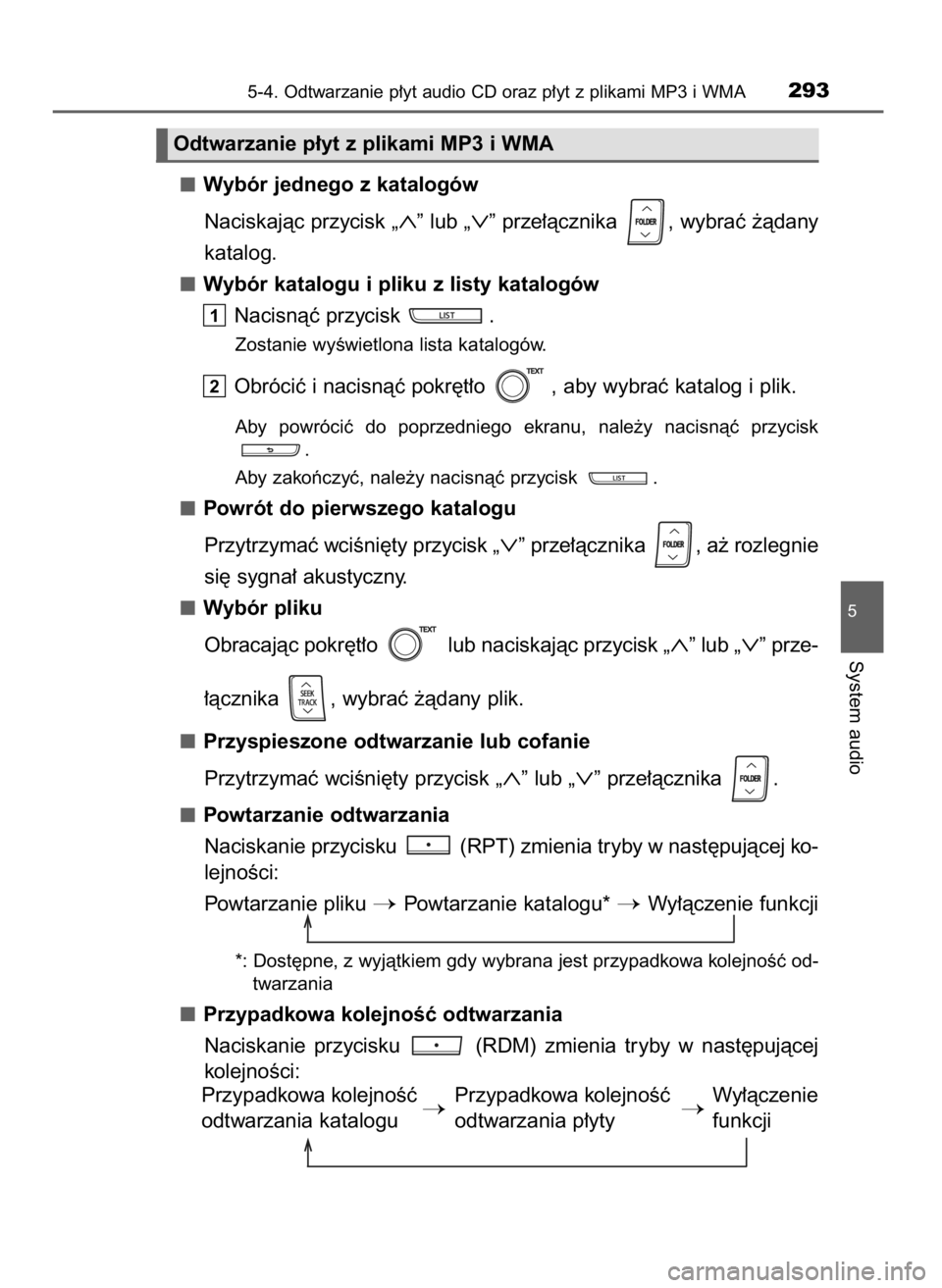 TOYOTA YARIS HATCHBACK 2016  Instrukcja obsługi (in Polish) Wybór jednego z katalogów
Naciskajàc przycisk „
∧” lub „∨” prze∏àcznika  , wybraç ˝àdany 
katalog.
Wybór katalogu i pliku z listy katalogów
Nacisnàç przycisk  .
Zostanie wyÊw