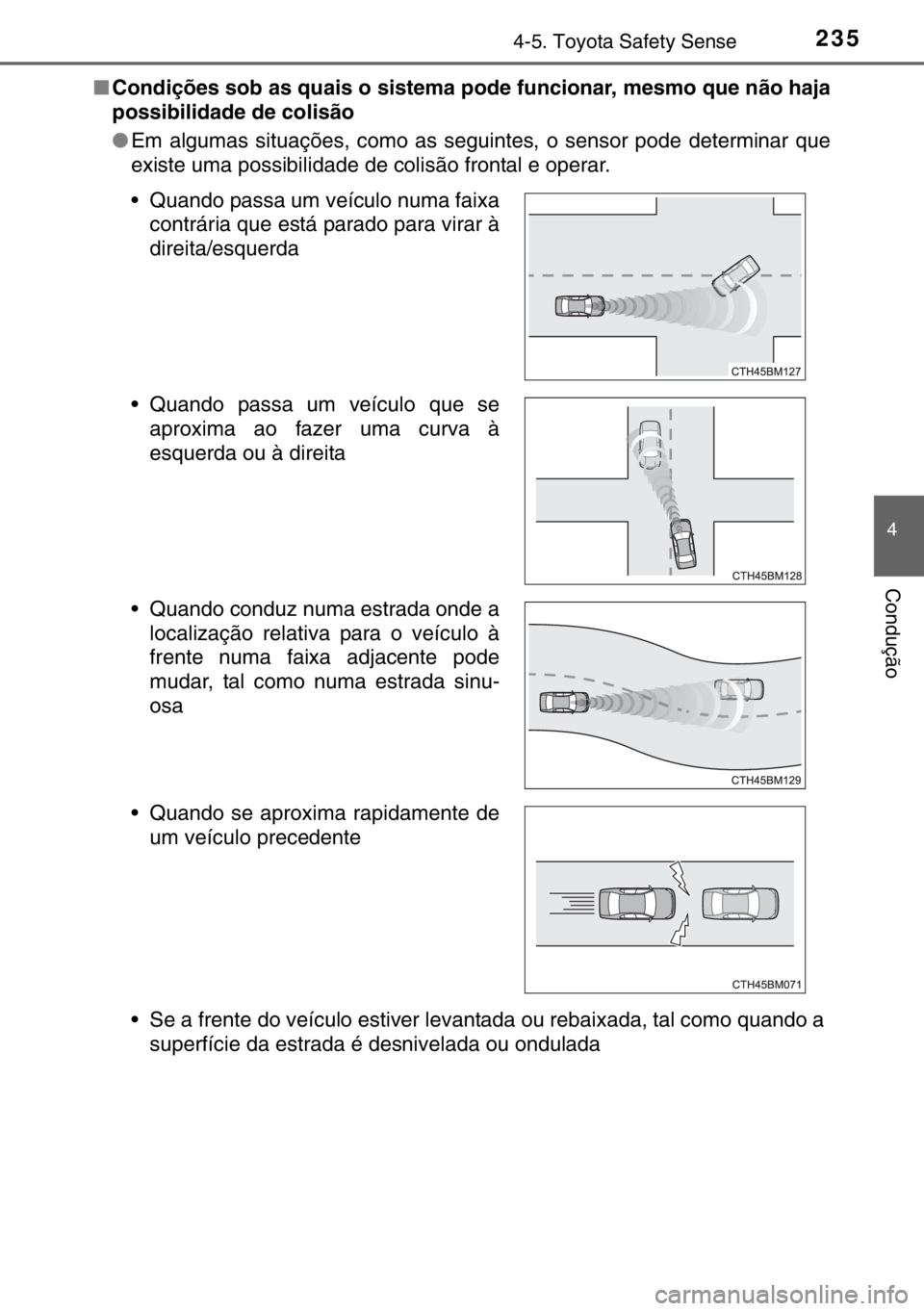 TOYOTA YARIS HATCHBACK 2016  Manual de utilização (in Portuguese) 2354-5. Toyota Safety Sense
4
Condução
■Condições sob as quais o sistema pode funcionar, mesmo que não haja
possibilidade de colisão
●Em algumas situações, como as seguintes, o sensor pode