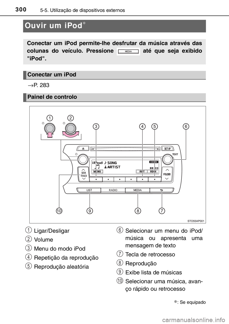 TOYOTA YARIS HATCHBACK 2016 Manual de utilização (in Portuguese) 3005-5. Utilização de dispositivos externos
Ouvir um iPod∗
→P. 283
∗: Se equipado
Conectar um iPod permite-lhe desfrutar da música através das
colunas do veículo. Pressione até que seja TOYOTA YARIS HATCHBACK 2016 Manual de utilização (in Portuguese) 3005-5. Utilização de dispositivos externos
Ouvir um iPod∗
→P. 283
∗: Se equipado
Conectar um iPod permite-lhe desfrutar da música através das
colunas do veículo. Pressione até que seja