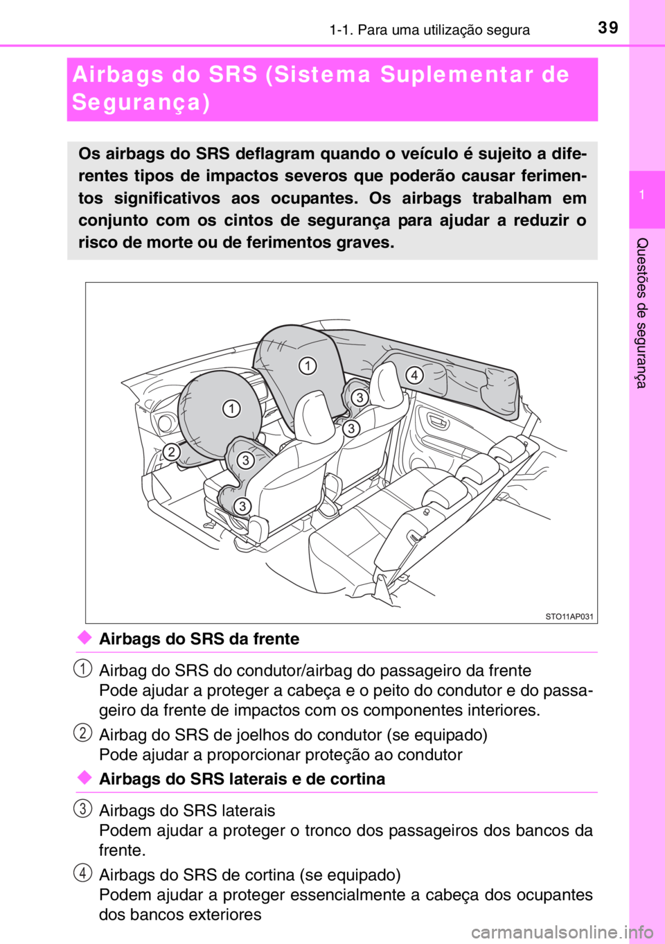 TOYOTA YARIS HATCHBACK 2016 Manual de utilização (in Portuguese) 391-1. Para uma utilização segura
1
Questões de segurança
Airbags do SRS (Sistema Suplementar de
Segurança)
◆Airbags do SRS da frente
Airbag do SRS do condutor/airbag do passageiro da frente
P TOYOTA YARIS HATCHBACK 2016 Manual de utilização (in Portuguese) 391-1. Para uma utilização segura
1
Questões de segurança
Airbags do SRS (Sistema Suplementar de
Segurança)
◆Airbags do SRS da frente
Airbag do SRS do condutor/airbag do passageiro da frente
P