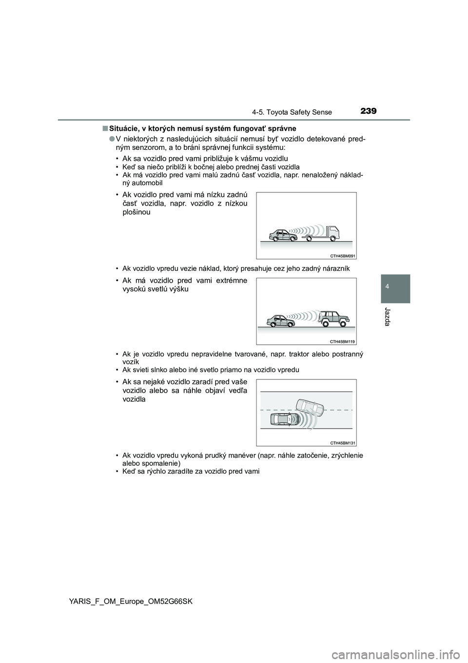 TOYOTA YARIS HATCHBACK 2016 Návod na použitie (in Slovakian) 2394-5. Toyota Safety Sense
4
Jazda
YARIS_F_OM_Europe_OM52G66SK■Situácie, v ktorých nemusí systém fungovať správne
●V niektorých z nasledujúcich situácií nemusí byť vozidlo detekované TOYOTA YARIS HATCHBACK 2016 Návod na použitie (in Slovakian) 2394-5. Toyota Safety Sense
4
Jazda
YARIS_F_OM_Europe_OM52G66SK■Situácie, v ktorých nemusí systém fungovať správne
●V niektorých z nasledujúcich situácií nemusí byť vozidlo detekované