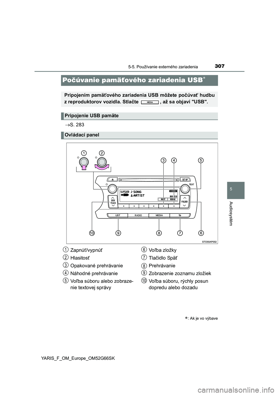 TOYOTA YARIS HATCHBACK 2016  Návod na použitie (in Slovakian) 307
5
5-5. Používanie externého zariadenia
Audiosystém
YARIS_F_OM_Europe_OM52G66SK
Počúvanie pamäťového zariadenia USB
S. 283
: Ak je vo výbave
Pripojením pamäťového zariadenia 