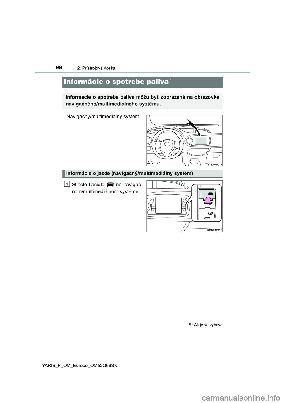 TOYOTA YARIS HATCHBACK 2016  Návod na použitie (in Slovakian) 982. Prístrojová doska
YARIS_F_OM_Europe_OM52G66SK
Informácie o spotrebe paliva
Navigačný/multimediálny systém
St l ačte tlačidlo   na navigač-
nom/multimediálnom systéme.
: Ak je vo