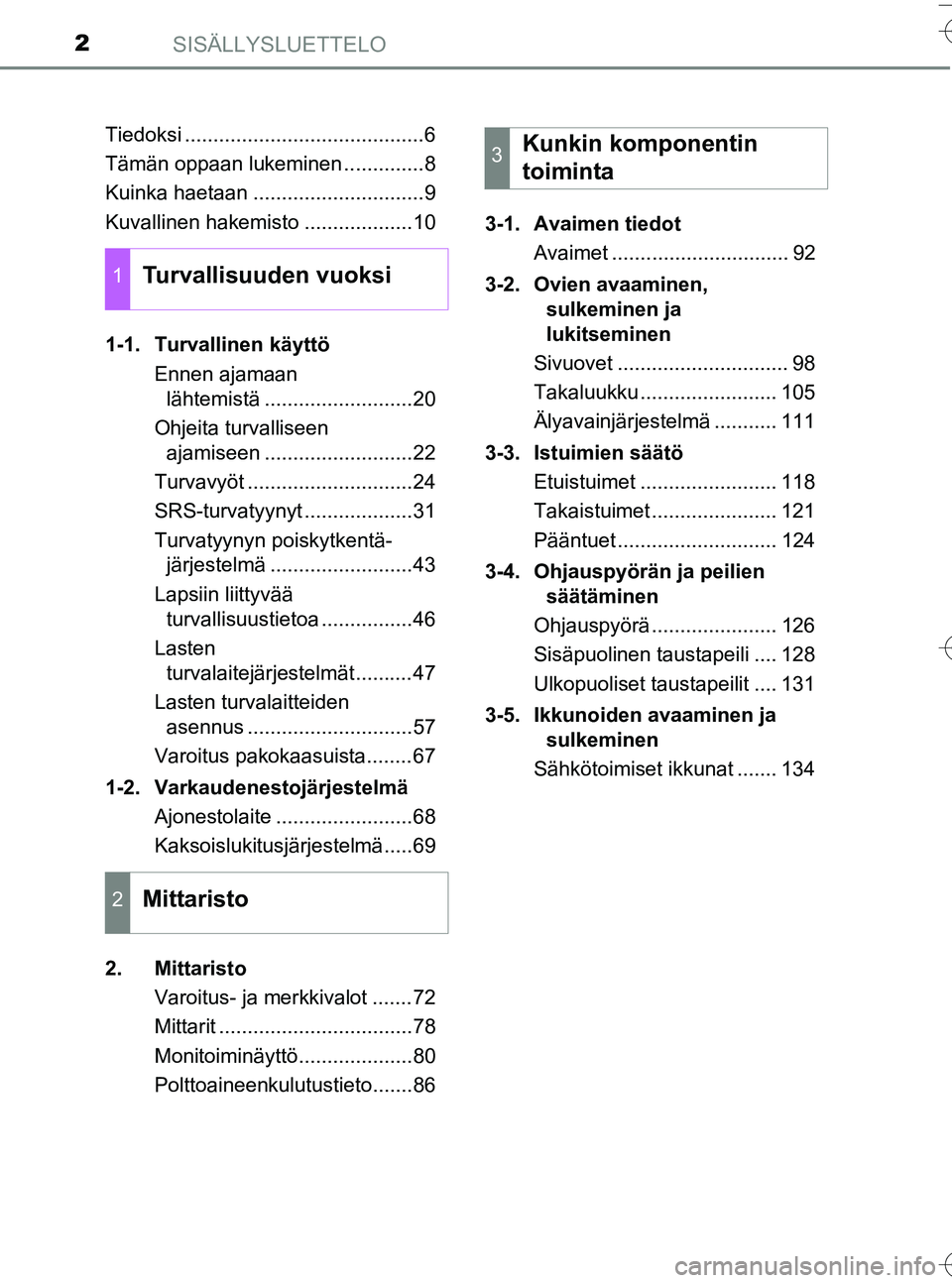 TOYOTA YARIS HATCHBACK 2016 Omistajan Käsikirja (in Finnish) SISÄLLYSLUETTELO2
OM52G66FITiedoksi ..........................................6
Tämän oppaan lukeminen ..............8
Kuinka haetaan ..............................9
Kuvallinen hakemisto .......... TOYOTA YARIS HATCHBACK 2016 Omistajan Käsikirja (in Finnish) SISÄLLYSLUETTELO2
OM52G66FITiedoksi ..........................................6
Tämän oppaan lukeminen ..............8
Kuinka haetaan ..............................9
Kuvallinen hakemisto ..........