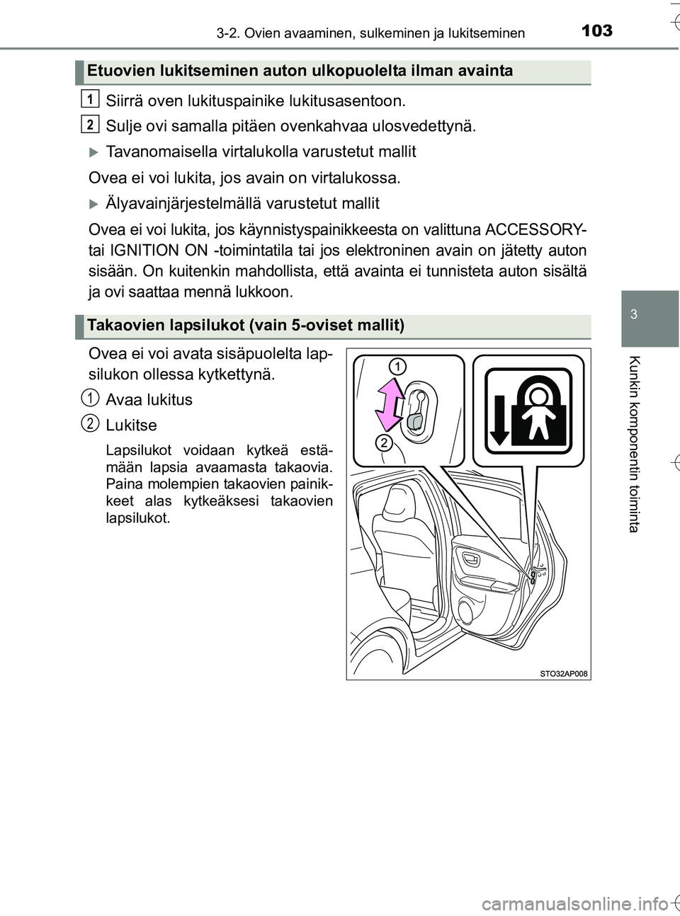TOYOTA YARIS HATCHBACK 2016 Omistajan Käsikirja (in Finnish) 1033-2. Ovien avaaminen, sulkeminen ja lukitseminen
3
Kunkin komponentin toiminta
OM52G66FI
Siirrä oven lukituspainike lukitusasentoon.
Sulje ovi samalla pitäen ovenkahvaa ulosvedettynä.
Tavanom TOYOTA YARIS HATCHBACK 2016 Omistajan Käsikirja (in Finnish) 1033-2. Ovien avaaminen, sulkeminen ja lukitseminen
3
Kunkin komponentin toiminta
OM52G66FI
Siirrä oven lukituspainike lukitusasentoon.
Sulje ovi samalla pitäen ovenkahvaa ulosvedettynä.
Tavanom