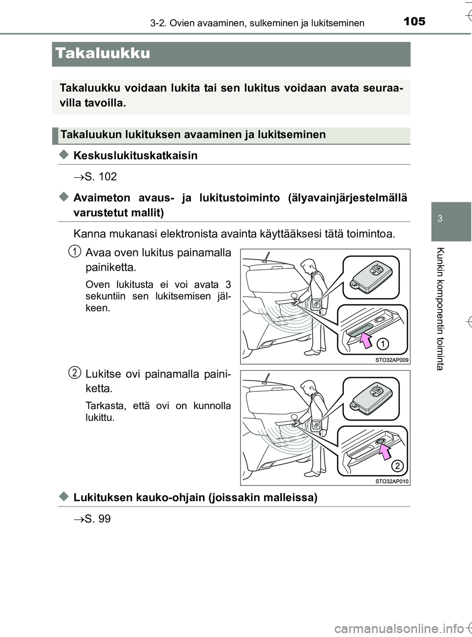TOYOTA YARIS HATCHBACK 2016 Omistajan Käsikirja (in Finnish) 105
3
3-2. Ovien avaaminen, sulkeminen ja lukitseminen
Kunkin komponentin toiminta
OM52G66FI
Takaluukku
uKeskuslukituskatkaisin
S. 102
uAvaimeton avaus- ja lukitustoiminto (älyavainjärjestelmäll TOYOTA YARIS HATCHBACK 2016 Omistajan Käsikirja (in Finnish) 105
3
3-2. Ovien avaaminen, sulkeminen ja lukitseminen
Kunkin komponentin toiminta
OM52G66FI
Takaluukku
uKeskuslukituskatkaisin
S. 102
uAvaimeton avaus- ja lukitustoiminto (älyavainjärjestelmäll