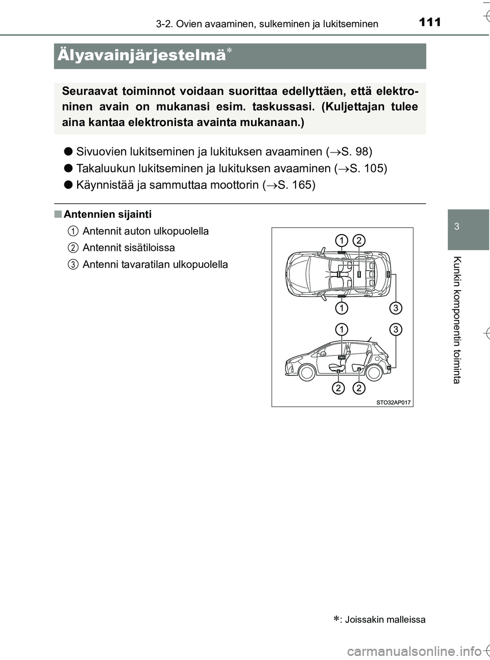 TOYOTA YARIS HATCHBACK 2016 Omistajan Käsikirja (in Finnish) 111
3
3-2. Ovien avaaminen, sulkeminen ja lukitseminen
Kunkin komponentin toiminta
OM52G66FI
Älyavainjärjestelmä
lSivuovien lukitseminen ja lukituksen avaaminen ( ï‚®S. 98)
l Takaluukun lukitsem TOYOTA YARIS HATCHBACK 2016 Omistajan Käsikirja (in Finnish) 111
3
3-2. Ovien avaaminen, sulkeminen ja lukitseminen
Kunkin komponentin toiminta
OM52G66FI
Älyavainjärjestelmä
lSivuovien lukitseminen ja lukituksen avaaminen ( ï‚®S. 98)
l Takaluukun lukitsem