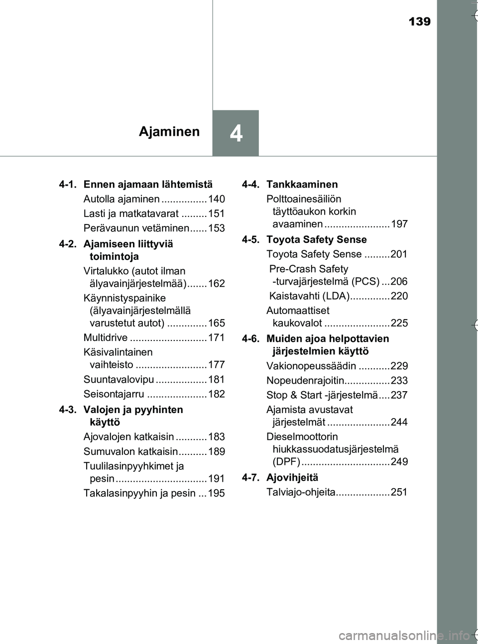 TOYOTA YARIS HATCHBACK 2016  Omistajan Käsikirja (in Finnish) 139
4Ajaminen
OM52G66FI4-1. Ennen ajamaan lähtemistä
Autolla ajaminen ................ 140
Lasti ja matkatavarat ......... 151
Perävaunun vetäminen...... 153
4-2. Ajamiseen liittyviä  toimintoja
