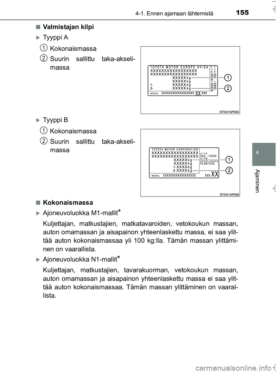 TOYOTA YARIS HATCHBACK 2016  Omistajan Käsikirja (in Finnish) 1554-1. Ennen ajamaan lähtemistä
4
Ajaminen
OM52G66FIn
Valmistajan kilpi
Ty y p p i  A
Kokonaismassa
Suurin sallittu taka-akseli-
massa
Ty y p p i  BKokonaismassa
Suurin sallittu taka-akseli-
