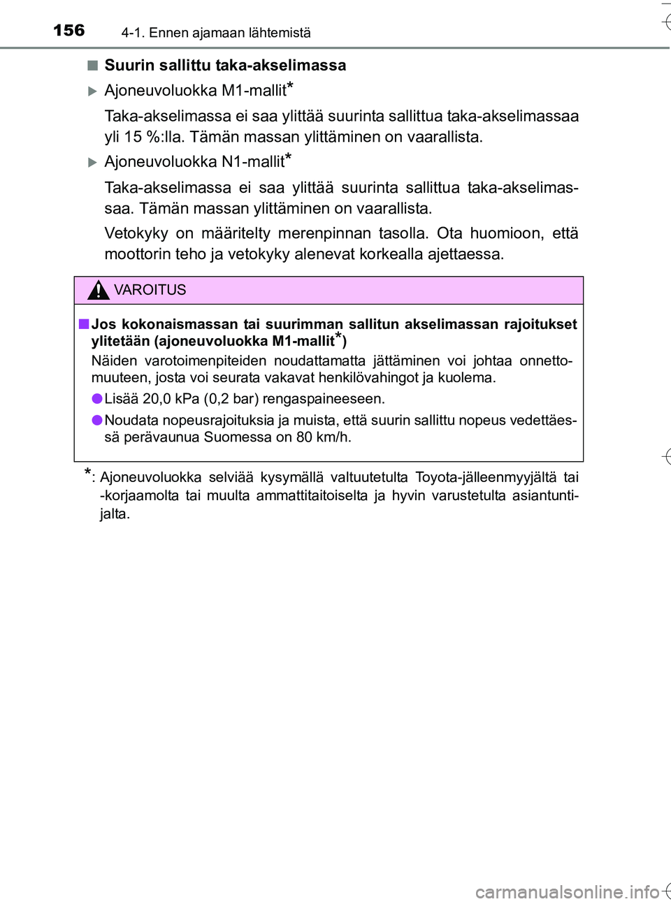 TOYOTA YARIS HATCHBACK 2016  Omistajan Käsikirja (in Finnish) 1564-1. Ennen ajamaan lähtemistä
OM52G66FIn
Suurin sallittu taka-akselimassa
Ajoneuvoluokka M1-mallit*
Taka-akselimassa ei saa ylittää suurinta sallittua ta
ka-akselimassaa
yli 15 %:lla. Tämä