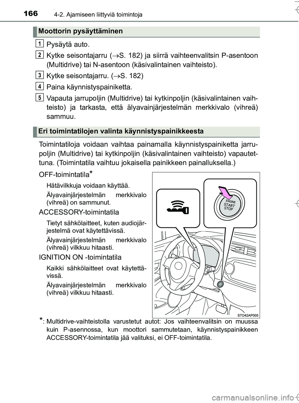 TOYOTA YARIS HATCHBACK 2016 Omistajan Käsikirja (in Finnish) 1664-2. Ajamiseen liittyviä toimintoja
OM52G66FI
Pysäytä auto.
Kytke seisontajarru (S. 182) ja siirrä vaihteenvalitsin P-asentoon
(Multidrive) tai N-asentoon (käsivalintainen vaihteisto).
Kytk TOYOTA YARIS HATCHBACK 2016 Omistajan Käsikirja (in Finnish) 1664-2. Ajamiseen liittyviä toimintoja
OM52G66FI
Pysäytä auto.
Kytke seisontajarru (S. 182) ja siirrä vaihteenvalitsin P-asentoon
(Multidrive) tai N-asentoon (käsivalintainen vaihteisto).
Kytk